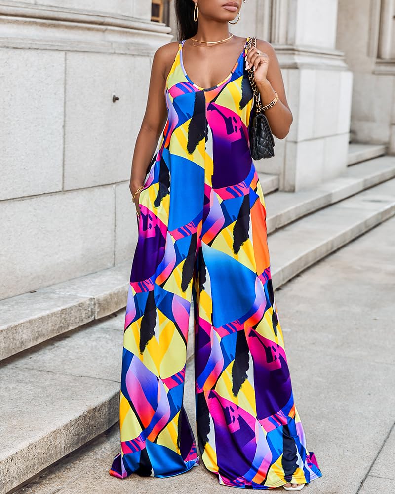 Womens Plus Size Abstract Graphic Jumpsuits with Pockets Spaghetti Strap Wide Leg Pants Loose Fit Casual Long Rompers