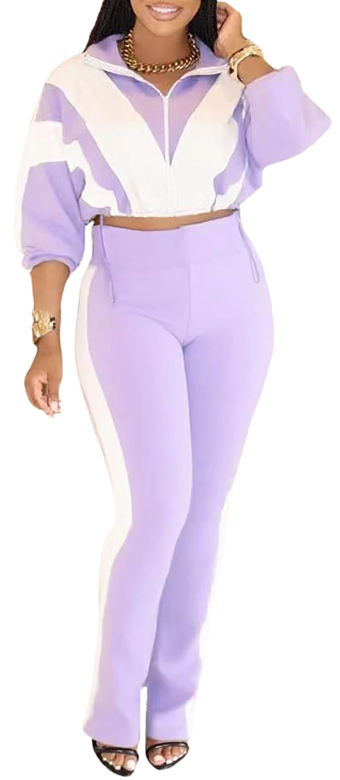 Womens 2 Piece Outfits Sets Casual Jumpsuits Track Suits for Women Set Colorblock Zip Up Cropped Jacket Pants Sweatsuits