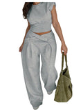 SweatyRocks Women's 2 Piece Outfits Dolman Sleeve Fitted Crop Top and Crisscross Pants Set