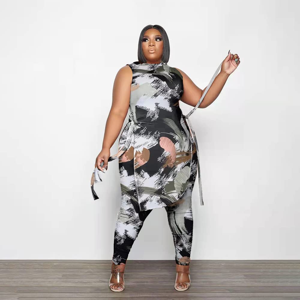 Dmoled Women Plus Size 2 Piece Outfits Jumpsuit Camouflage Print Sleeveless Slit Tunic Tops Pant Set