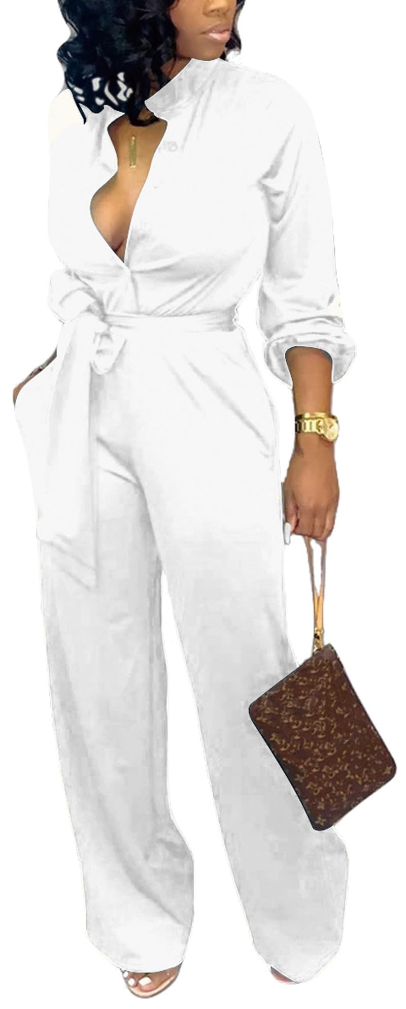 SxClub Jumpsuits for Women Formal Sexy Elegant Long Straight Pants Busineess Party Jumpsuit with Belt Pockets