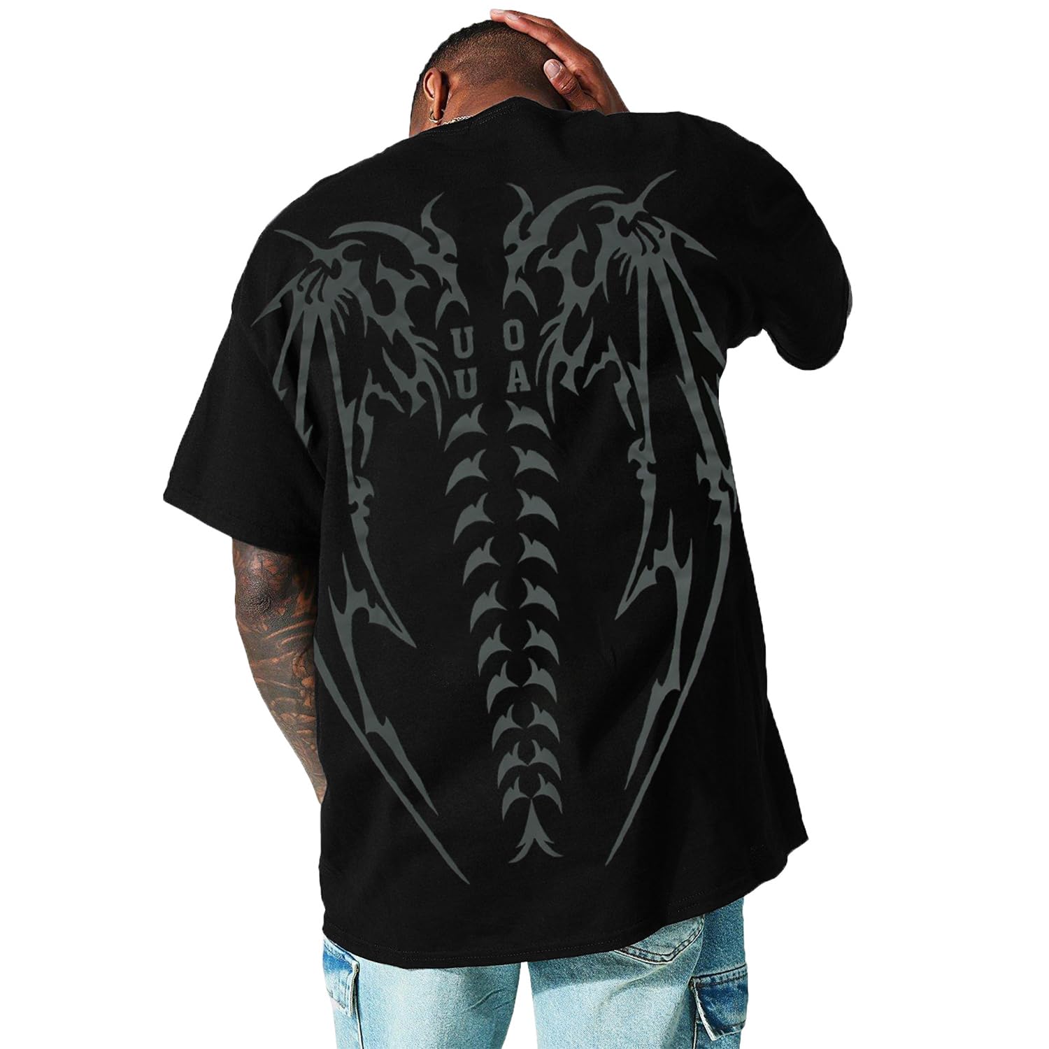 UOUA Mens Graphic Tees Vintage T-Shirts Oversized Letter Print Casual Crewneck Cotton Top Short Sleeve Rapper Streetwear