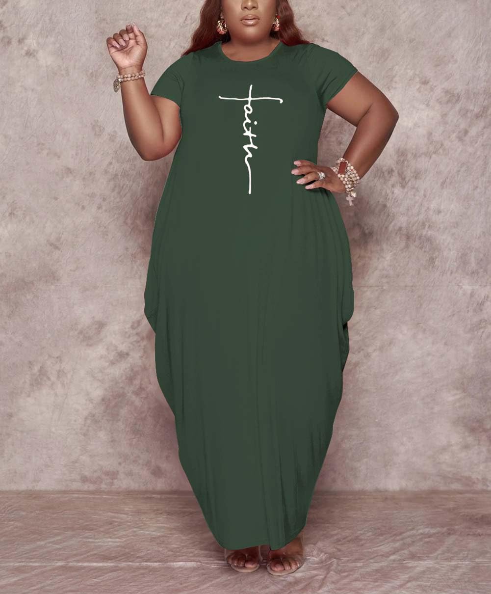 AIIYYQB Women's Summer Plus Size Short Sleeved Long Dress Casual Loose Faith Beach Maxi Dress with Pockets