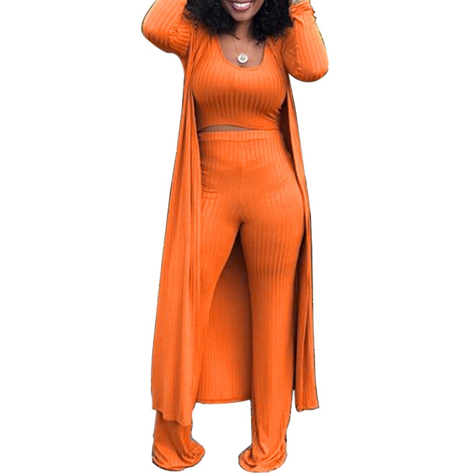 HANMAX Women's Tracksuit Winter Autumn Knitted Long-sleeved Blazer Coat Tank Long Pants Three Piece Sets Outfit