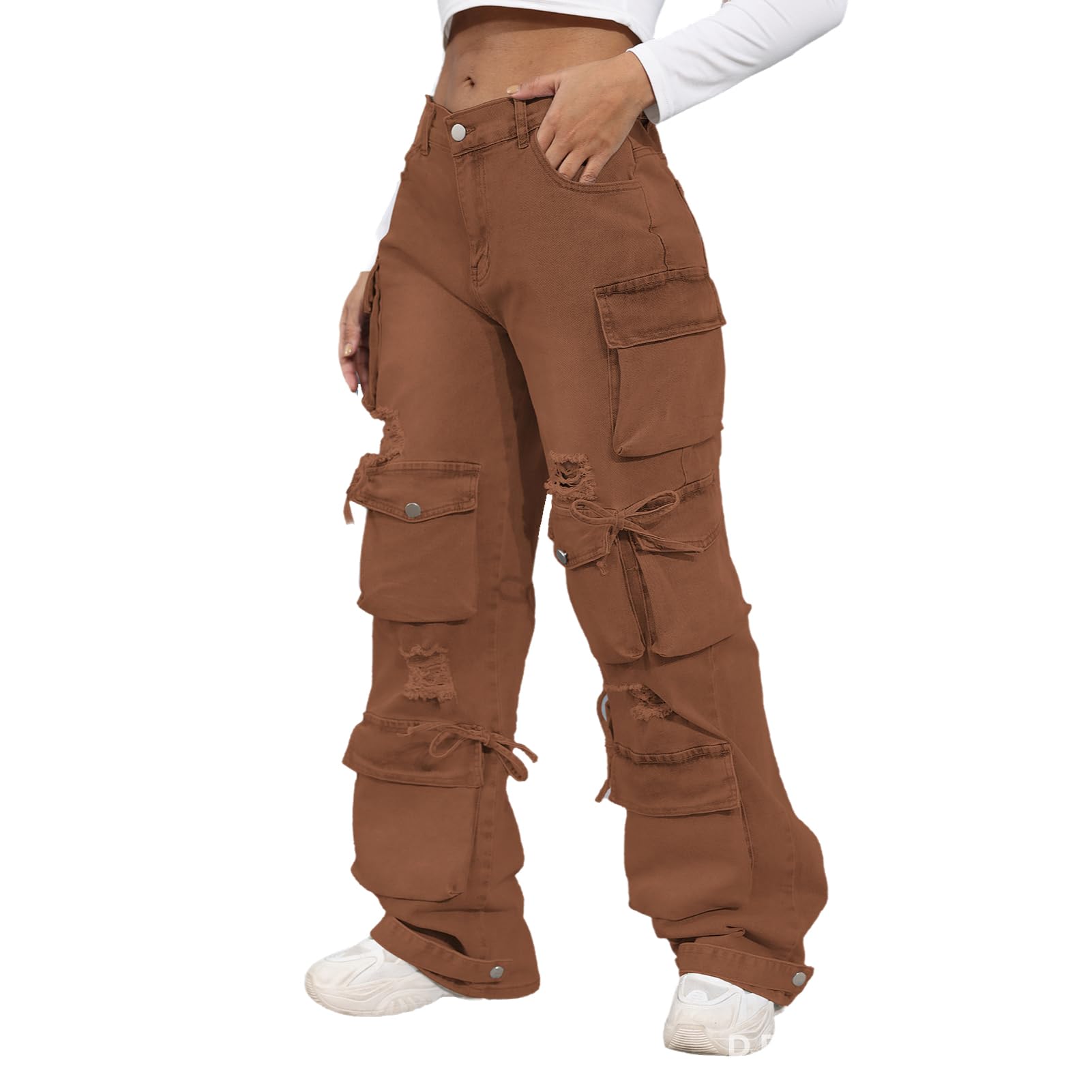 ThusFar Women's High Waist Baggy Jeans Flap Pocket Cargo Pants Loose Denim Pants Streetwear