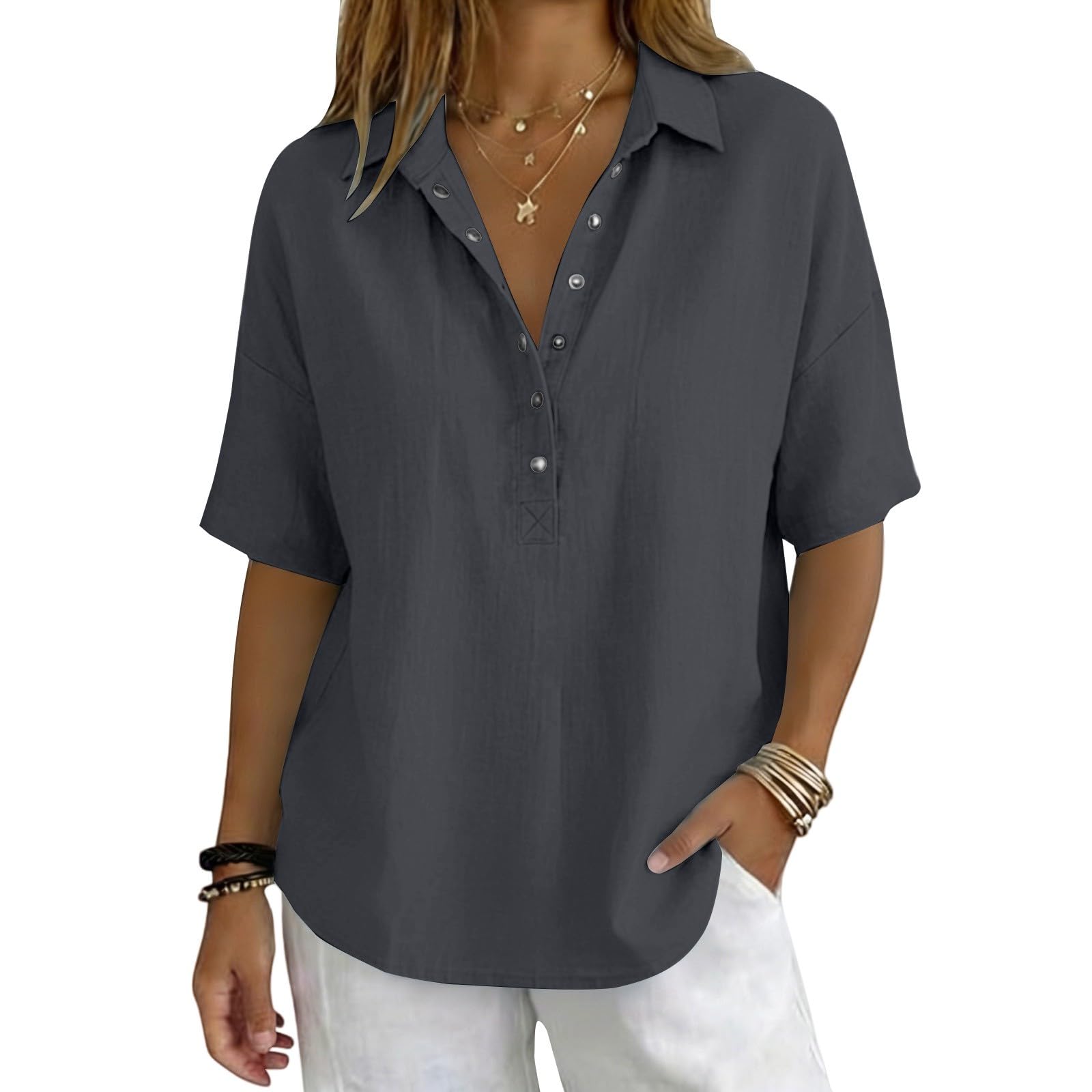 Linen Tops for Women Breathable Gauze Shirts Cotton Button Down Summer Elbow Length Blouses Dressy Casual Clothes
