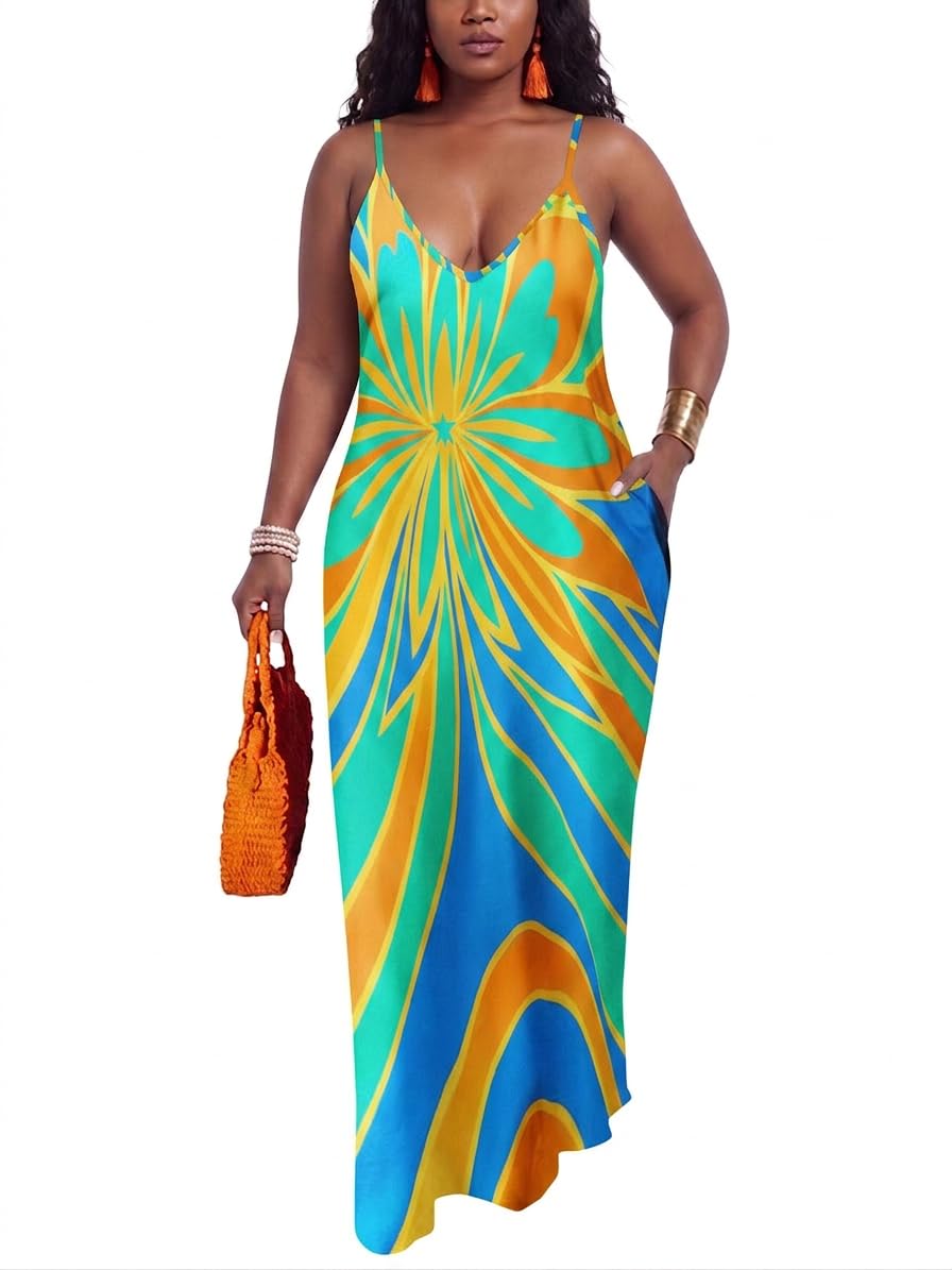 PerZeal Women's Summer Casual Maxi Dresses Sexy Floor Length V-Neck Spaghetti Strap Sleeveless Colorful Sundresses Plus Size