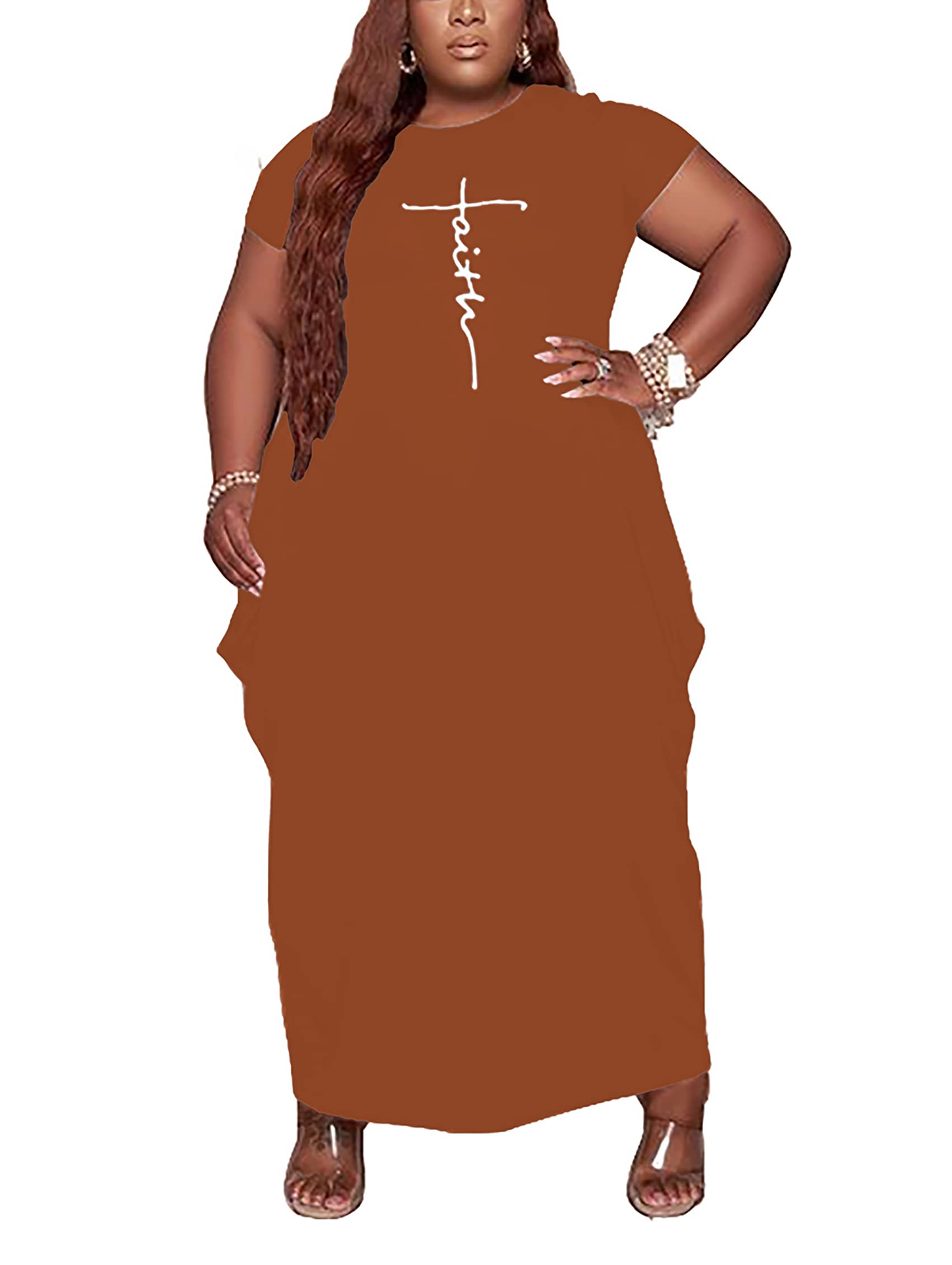 AIIYYQB Women's Summer Plus Size Short Sleeved Long Dress Casual Loose Faith Beach Maxi Dress with Pockets