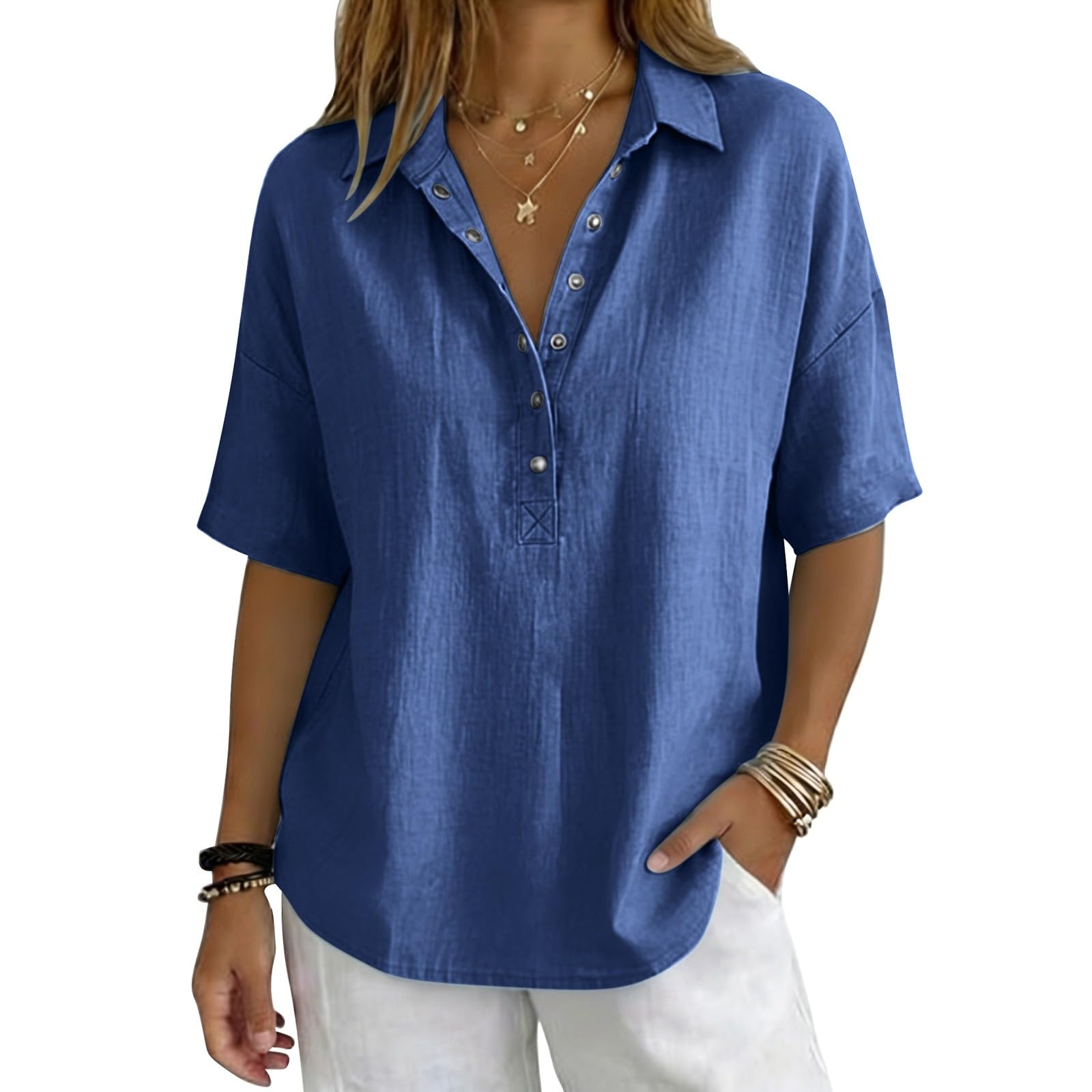 Linen Tops for Women Breathable Gauze Shirts Cotton Button Down Summer Elbow Length Blouses Dressy Casual Clothes
