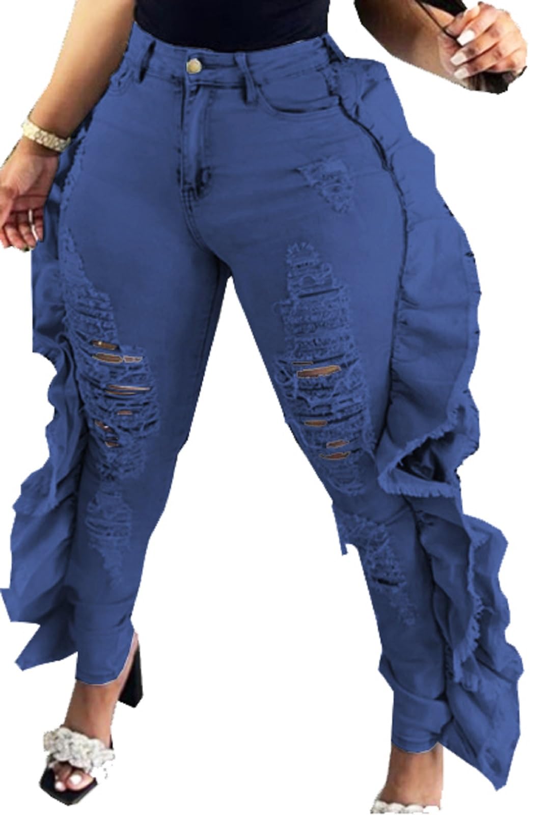 SperLucky Plus Size Jeans for Women Blue High Waisted Distressed Casual Jeans