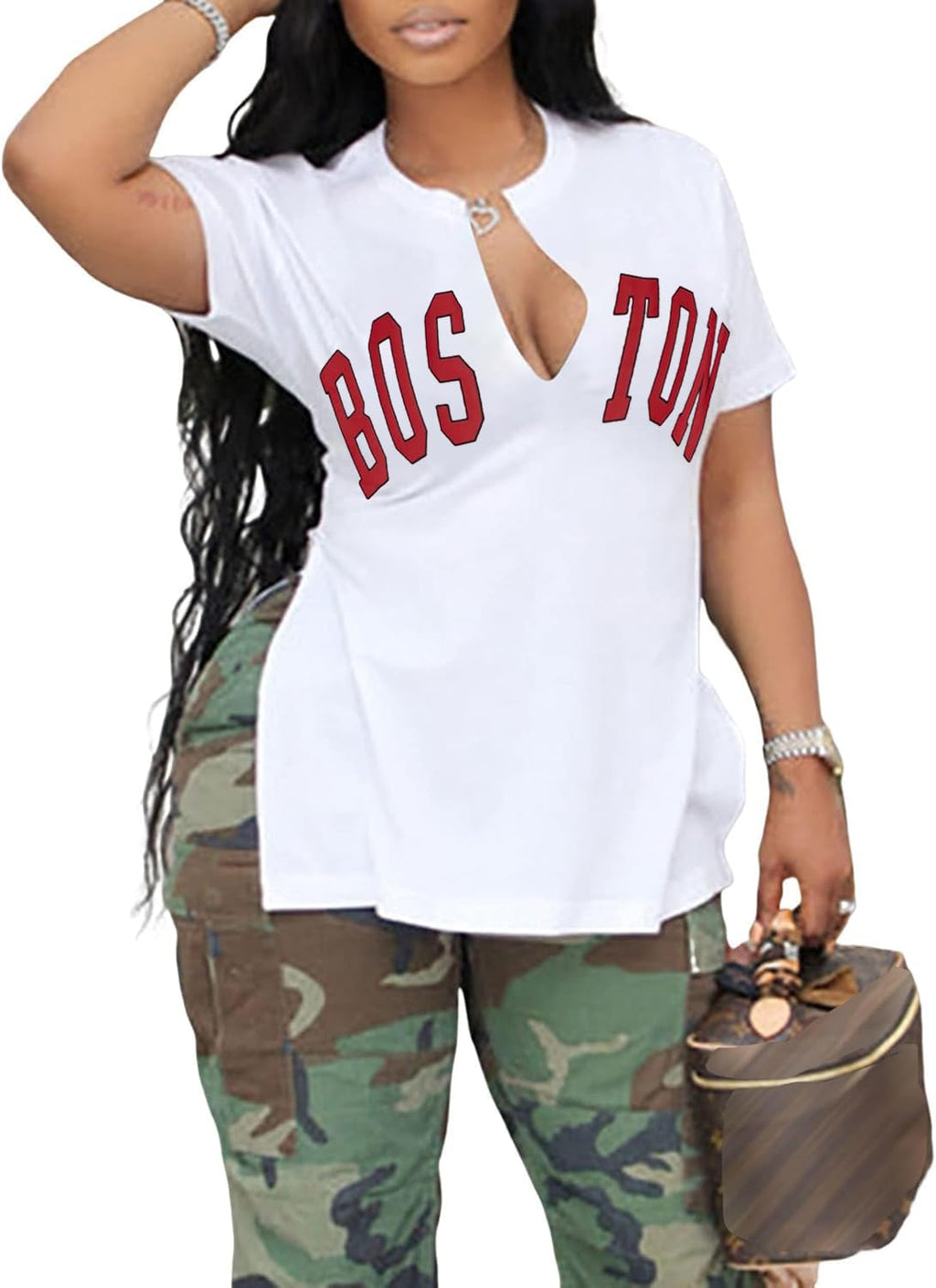 LovelyWholesale Womens Graphic Tees Sexy V Neck T Shirts Short Sleeve Side Slit Summer Tops