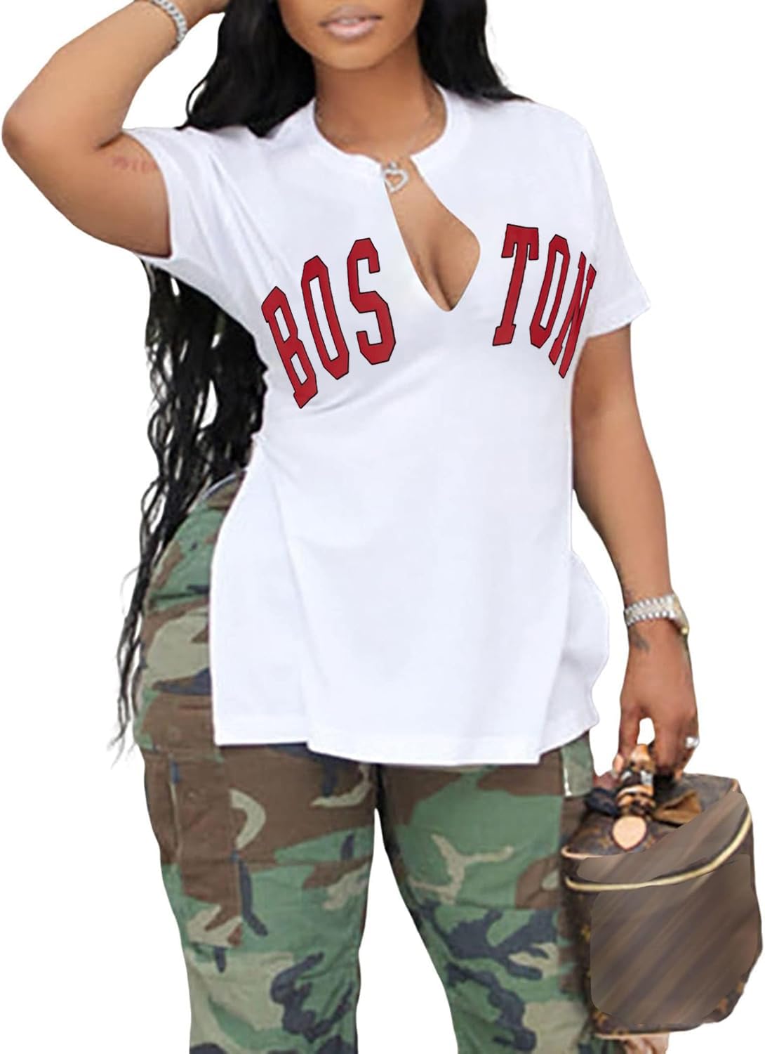 LovelyWholesale Womens Graphic Tees Sexy V Neck T Shirts Short Sleeve Side Slit Summer Tops