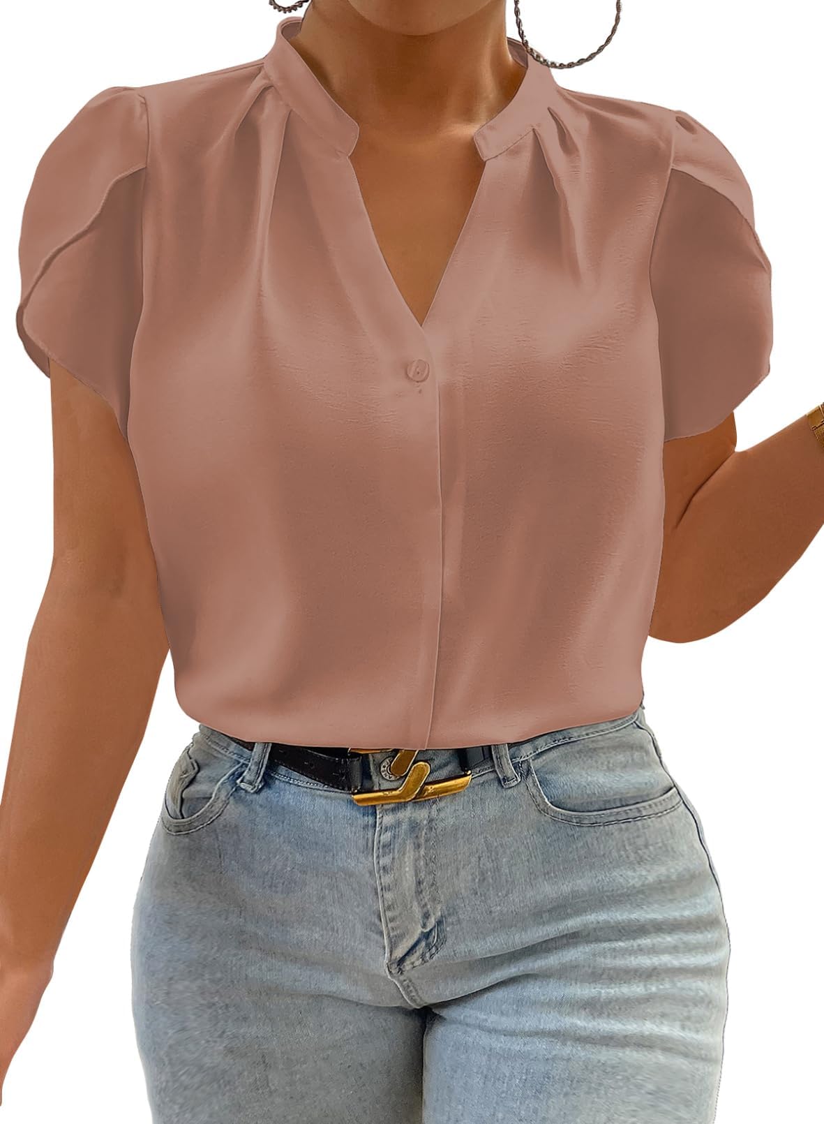Eytino Women Plus Size Shirts Summer V Neck Petal Sleeve Business Work Dressy Blouse Tops(1X-5X)