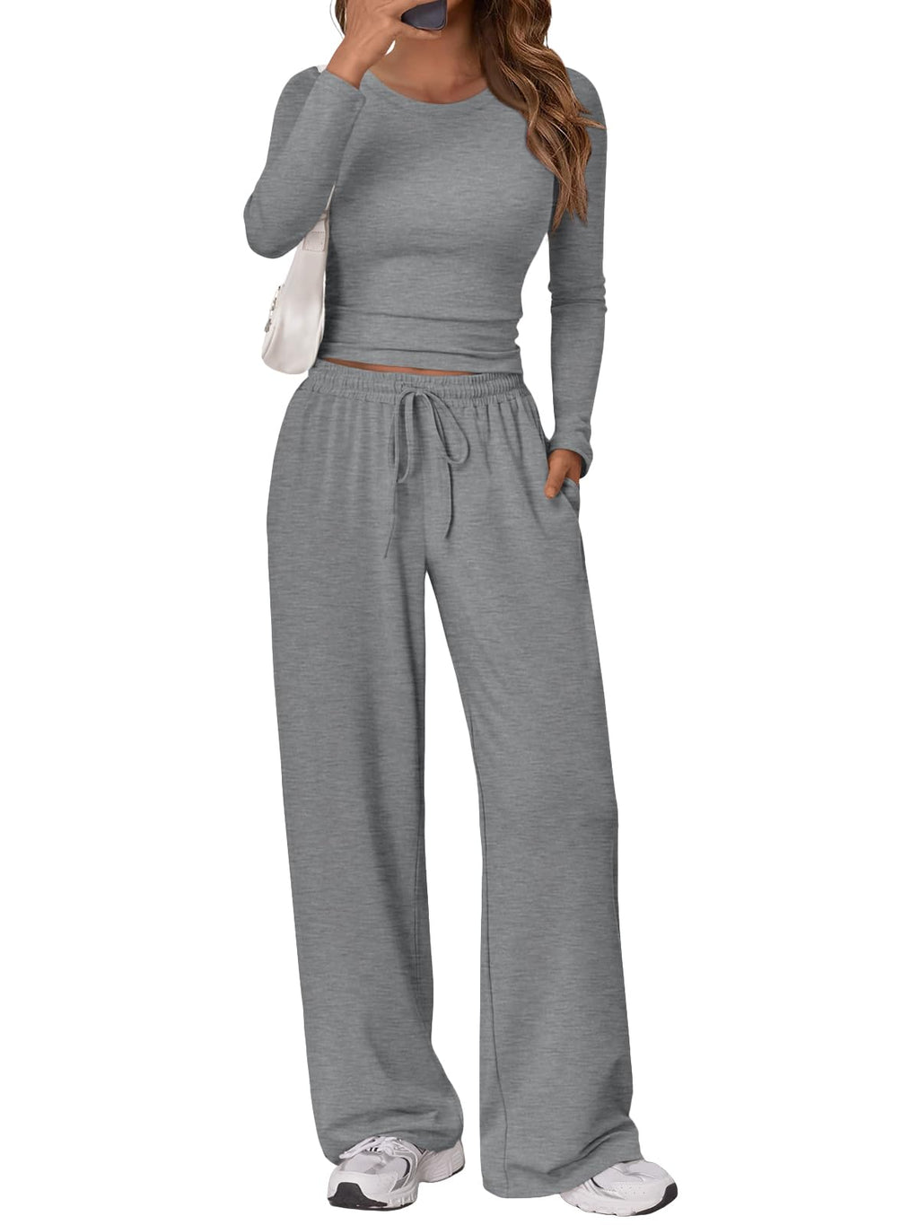 Trendy Queen Women's 2 Piece Matching Lounge Set Long Sleeve Side Ruching Top Wide Leg Drawstring Pants Set with Pockets