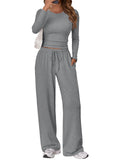 Trendy Queen Women's 2 Piece Matching Lounge Set Long Sleeve Side Ruching Top Wide Leg Drawstring Pants Set with Pockets