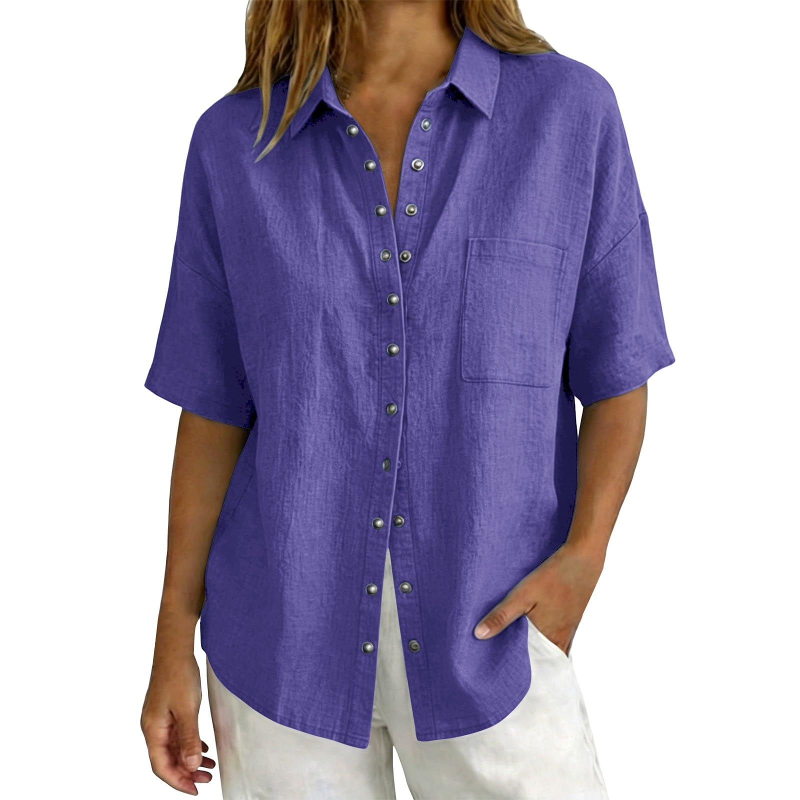 Linen Tops for Women Breathable Gauze Shirts Cotton Button Down Summer Elbow Length Blouses Dressy Casual Clothes