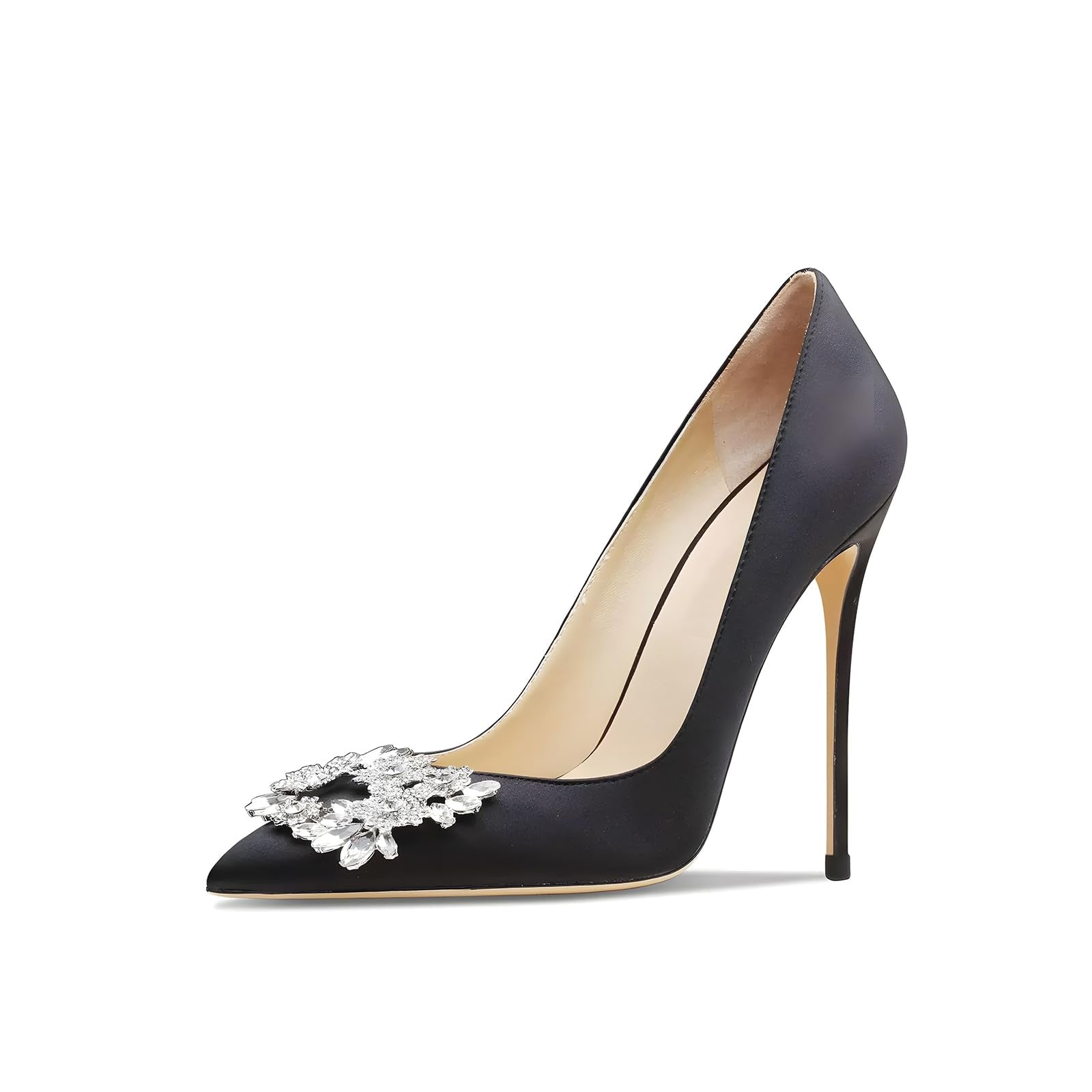 Qunvngutui Women's Pointed Toe Shallow Mouth Sexy Square Buckle Rhinestones 10cm Stiletto Heels Slip-on Wedding Party Banquet Big Size Shoes