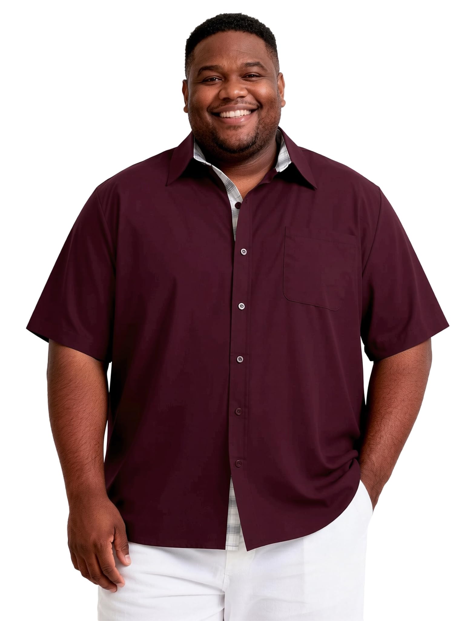 Big and Tall Dress Shirts for Men Short Sleeve Button Down Shirt with Contrast Plaid Office & Wedding Shirt