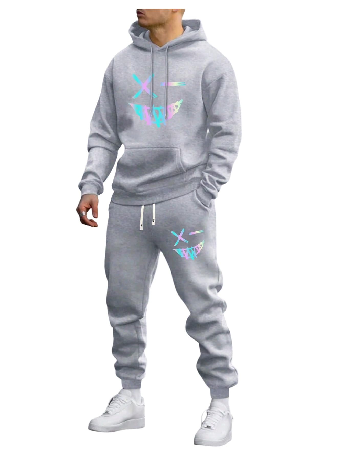 WDIRARA Men's 2 Piece Outfits Graphic Hoodie Sweatpants Set Workout Athletic Tracksuits