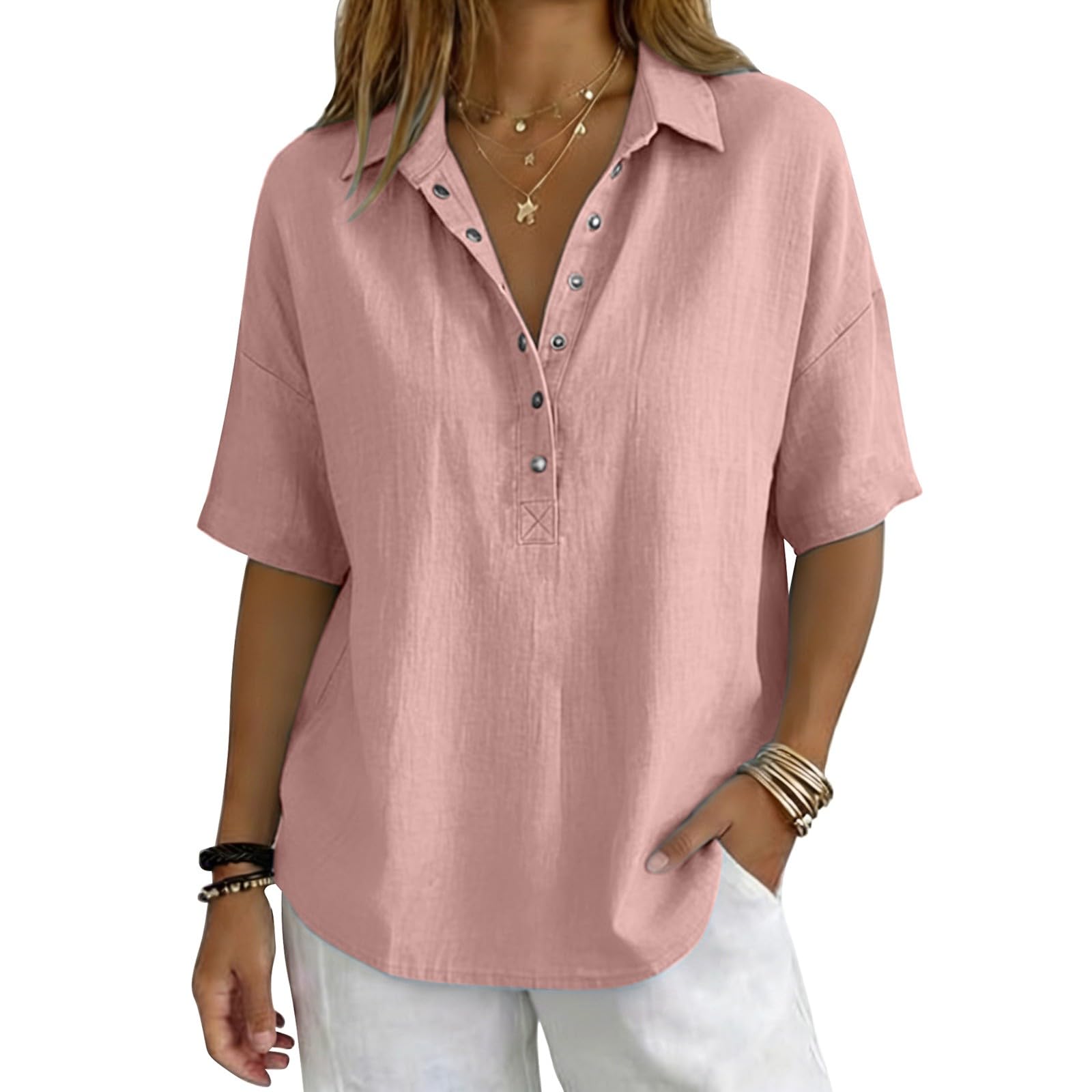 Linen Tops for Women Breathable Gauze Shirts Cotton Button Down Summer Elbow Length Blouses Dressy Casual Clothes