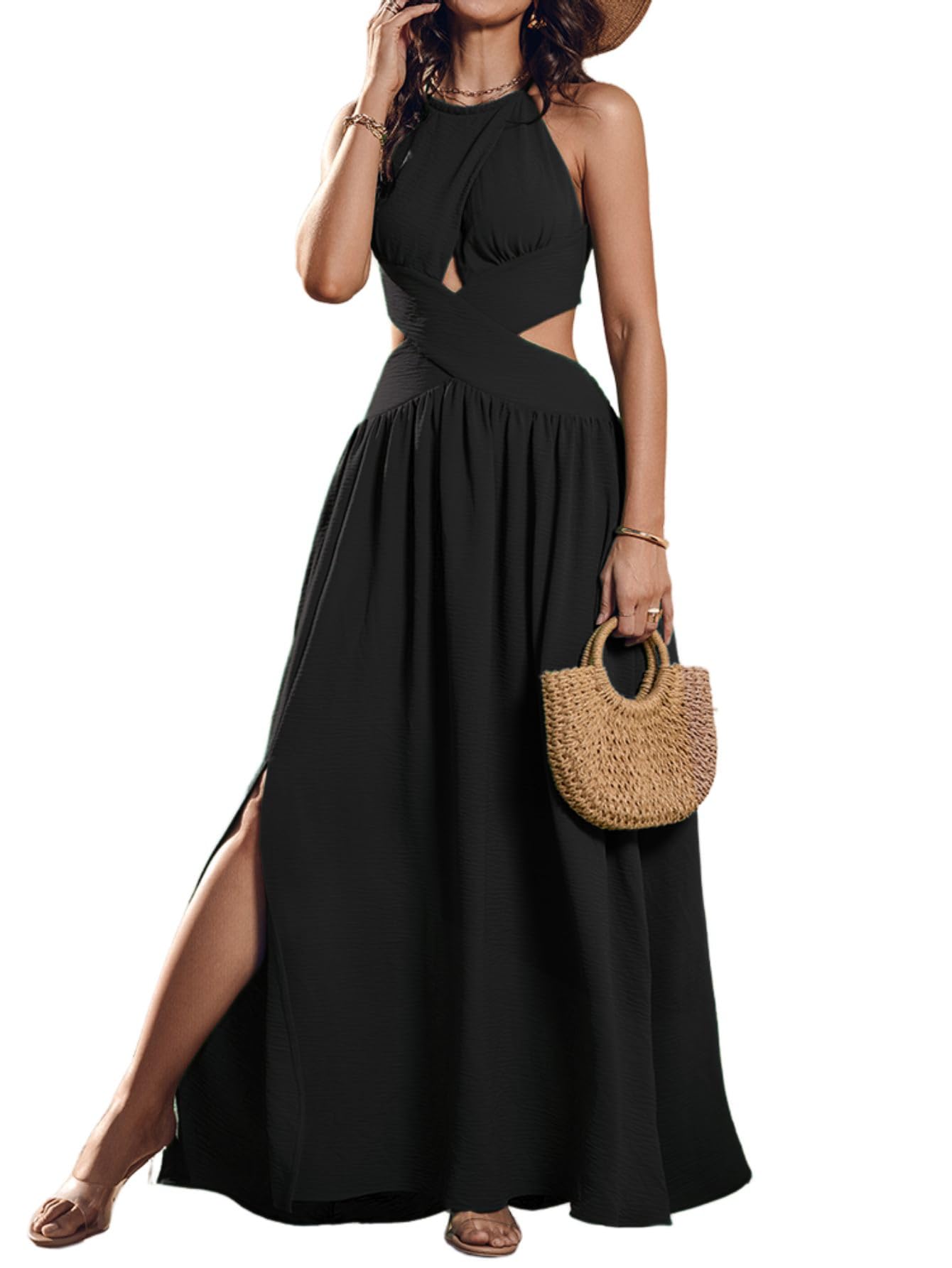 CHICME Women's Sleeveless Halter Neck Dress Criss Cross Tie Back Split High Maxi Dress