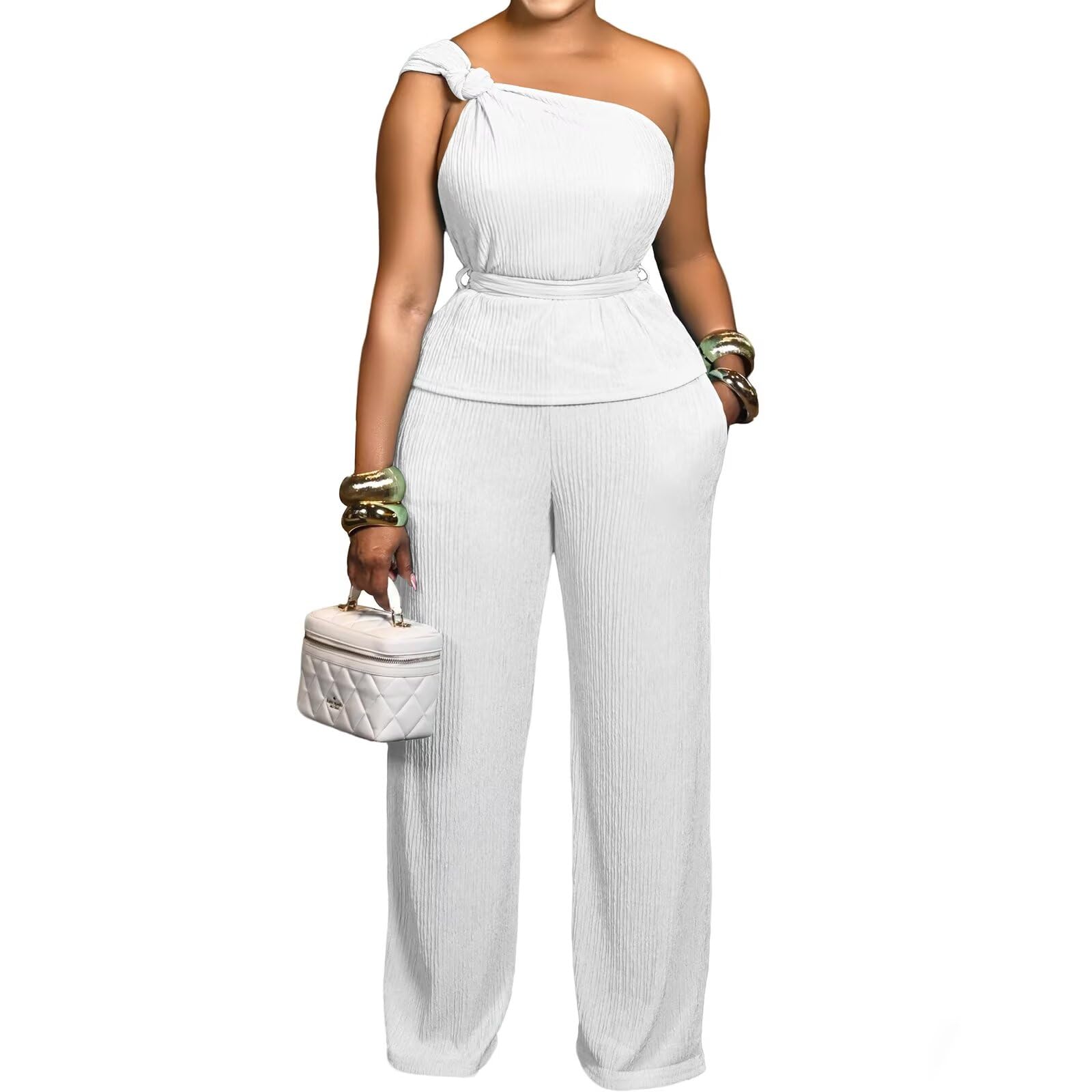 Ophestin 2 Piece Outfits for Women Dressy Summer Sexy Off Shoulder Ruched Wide Leg Pant Loungewear Sets