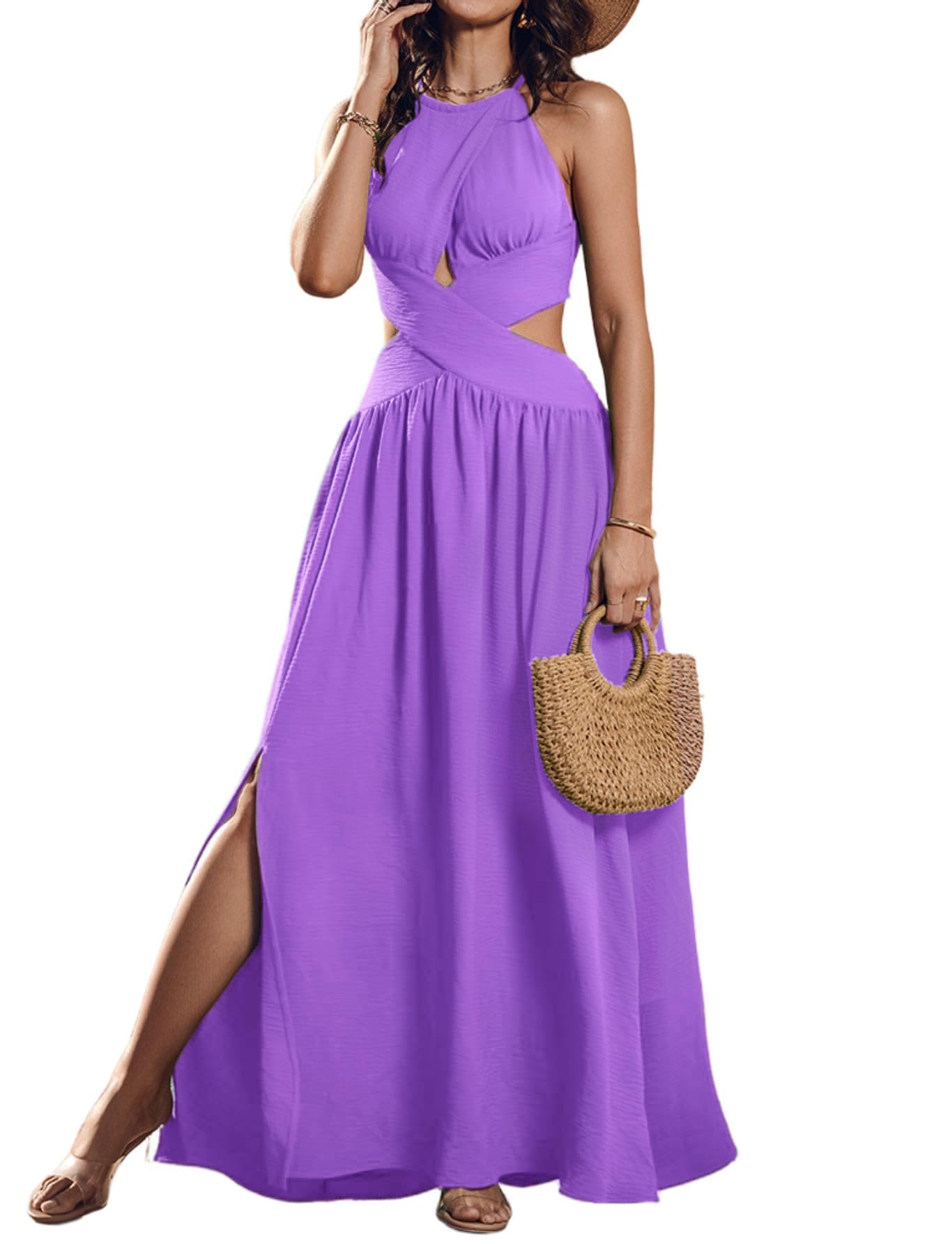 CHICME Women's Sleeveless Halter Neck Dress Criss Cross Tie Back Split High Maxi Dress