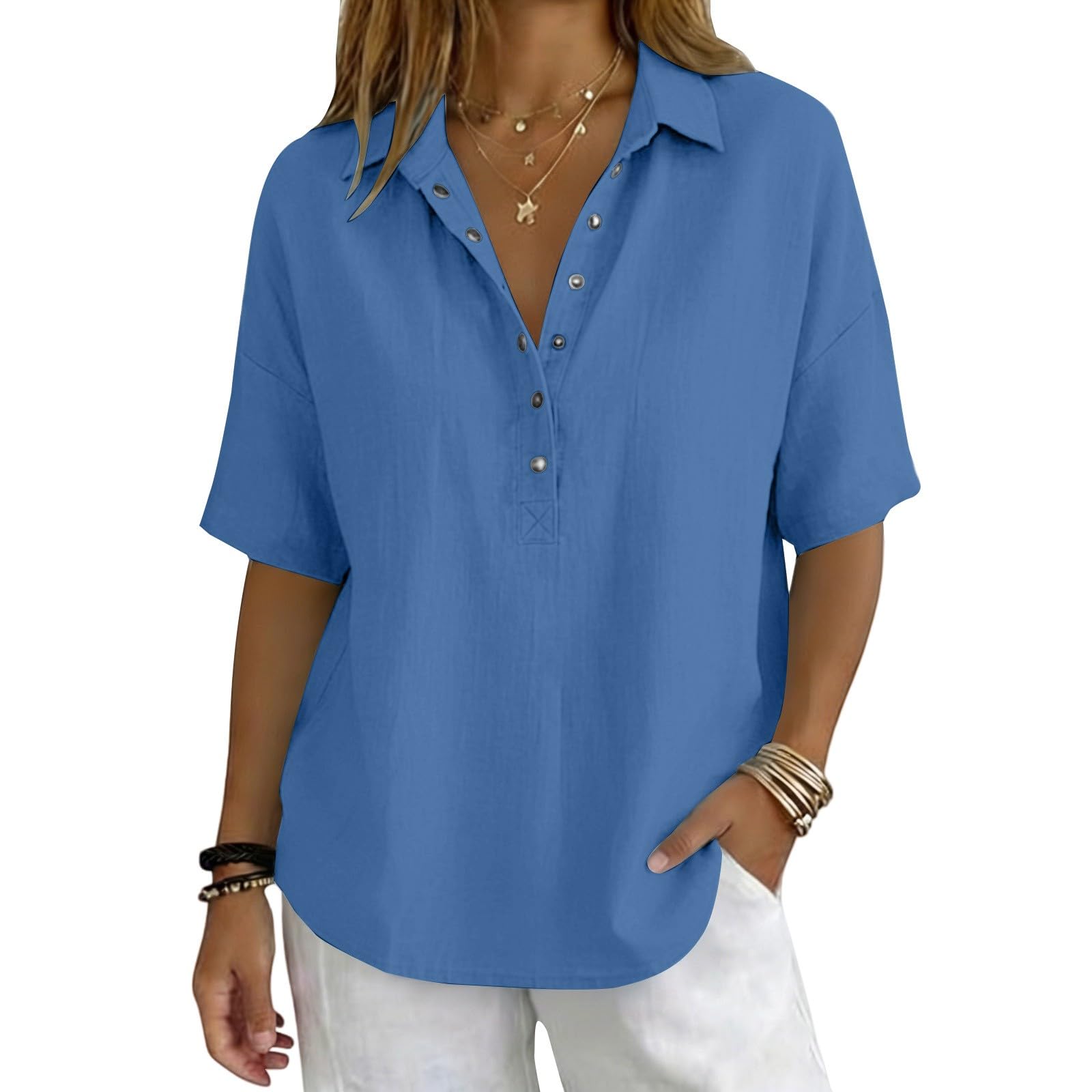 Linen Tops for Women Breathable Gauze Shirts Cotton Button Down Summer Elbow Length Blouses Dressy Casual Clothes