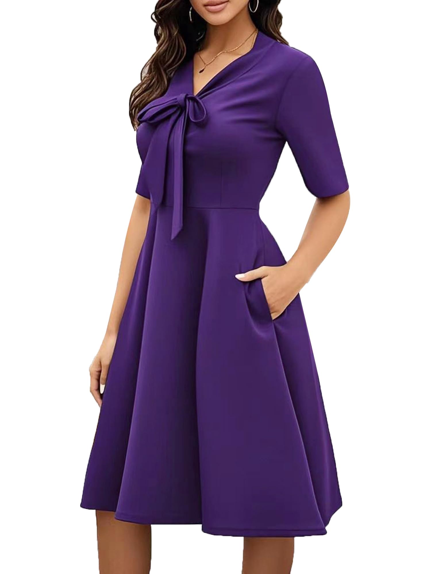 oxiuly Women's Vintage Bow Tie V-Neck Pockets Casual Work Party Cocktail Swing A-line Dresses OX278