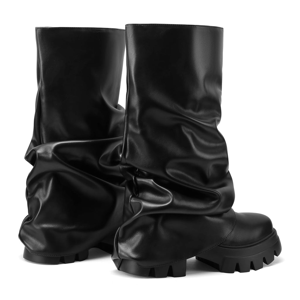 VOMIRA Women's Fold Over Boots Slouchy Boots Wide Calf Pleated Platform Boots Glitter Metallic Silver Boots Chunky Stacked Boots Mid Calf Boots