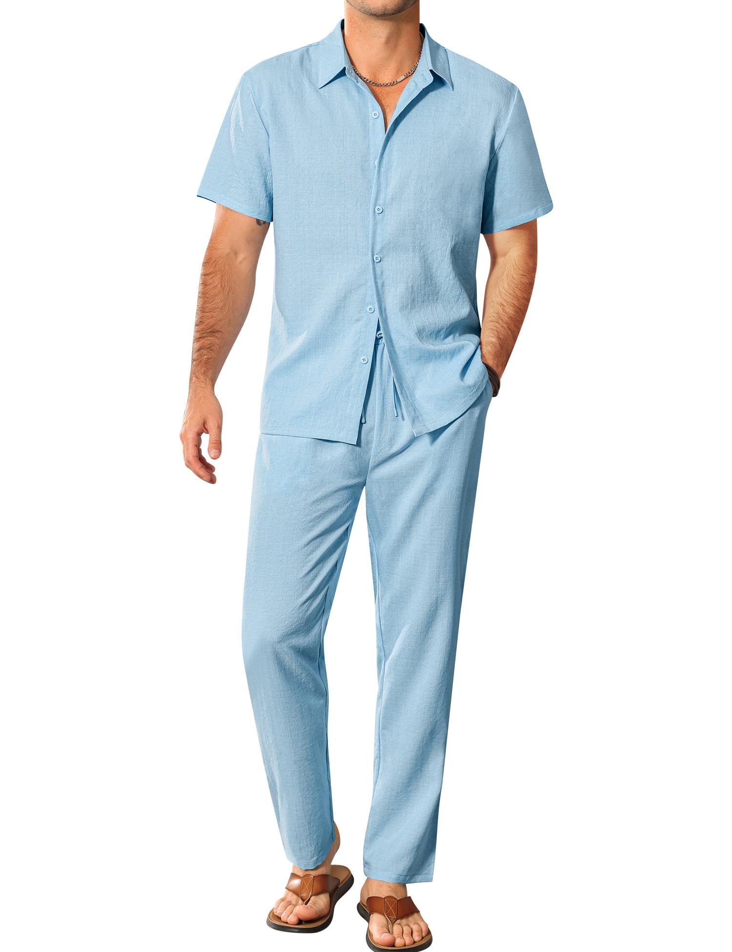 LecGee Mens 2 Piece Texture Outfit Casual Short Sleeve Button Down Shirt and Long Pants Linen Vacation Beach Sets