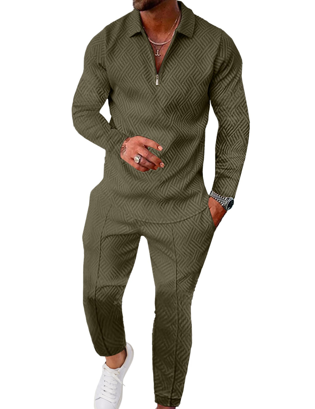 UOUA Mens 2 Piece Set Casual Outfits Polo Long Sleeve Shirt & Pants Tracksuit Loungewear Athletic Jogger Sweatsuit