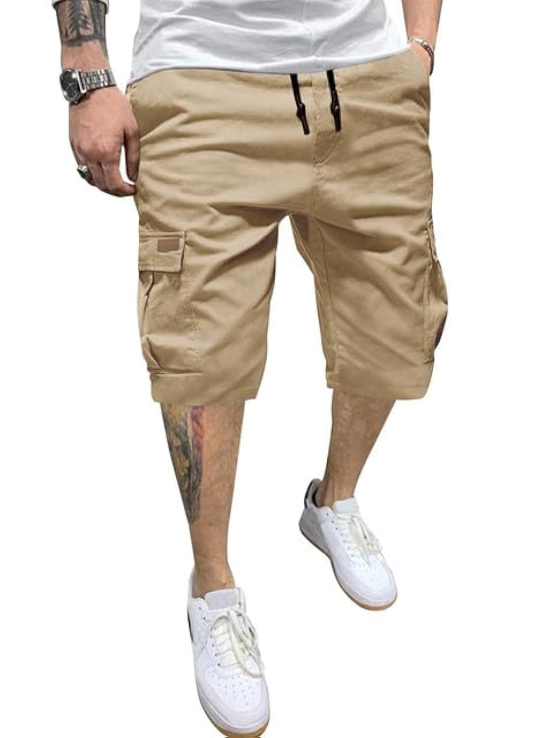 JMIERR Mens Casual Cotton Twill Cargo Shorts Drawstring Classic Chino Stretch Short with 6 Pockets