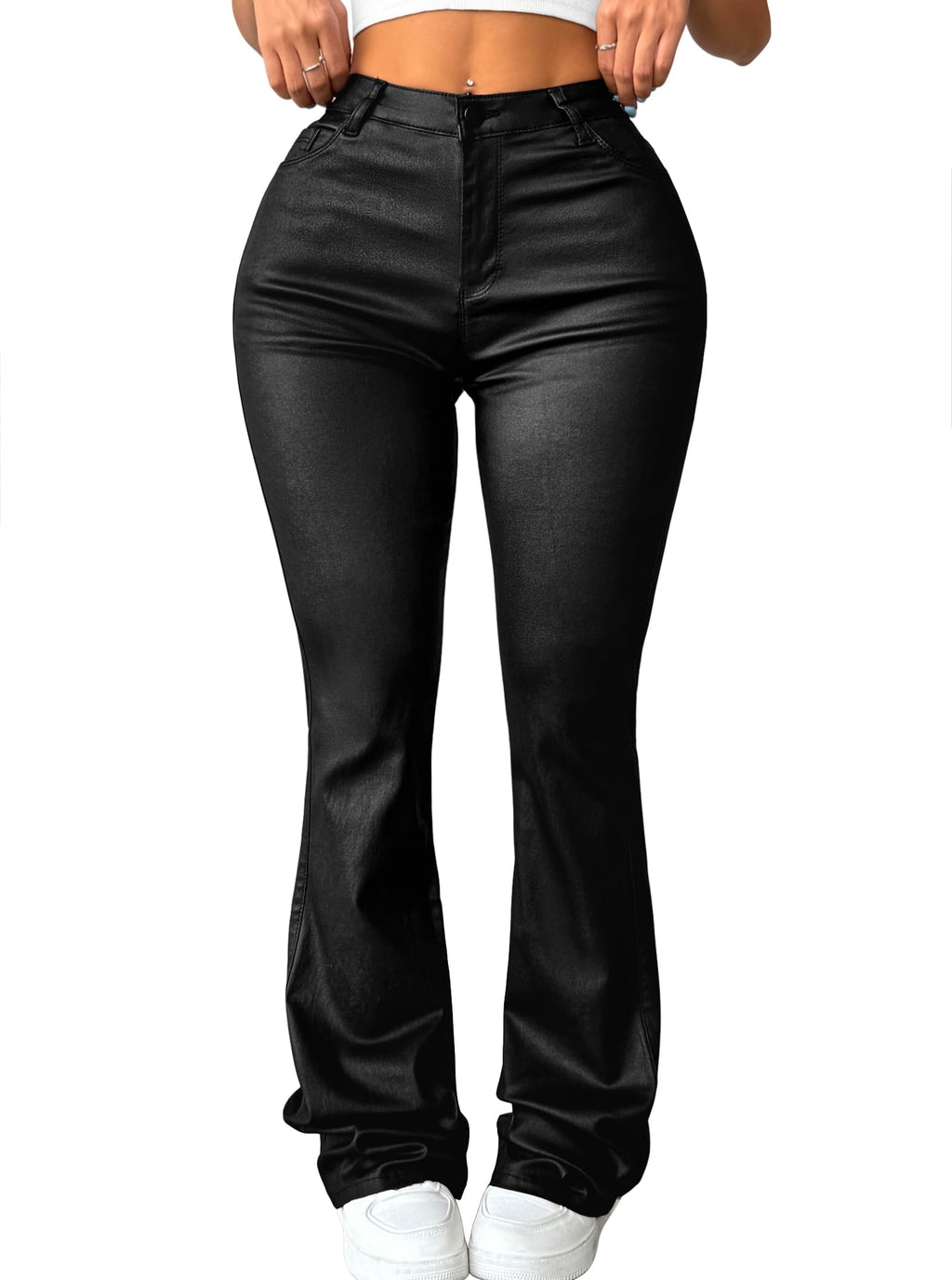 Avanova Women Faux Leather Butt Lifting Leggings Flare High Waist Sexy Bell Bottom Pants
