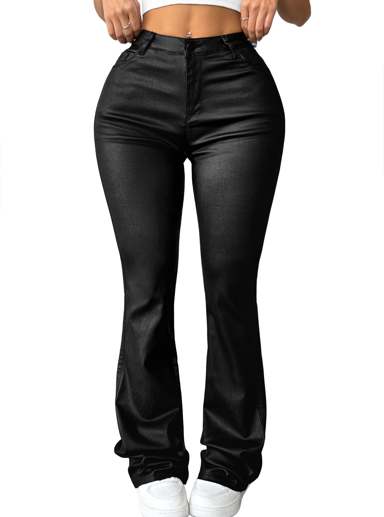 Avanova Women Faux Leather Butt Lifting Leggings Flare High Waist Sexy Bell Bottom Pants