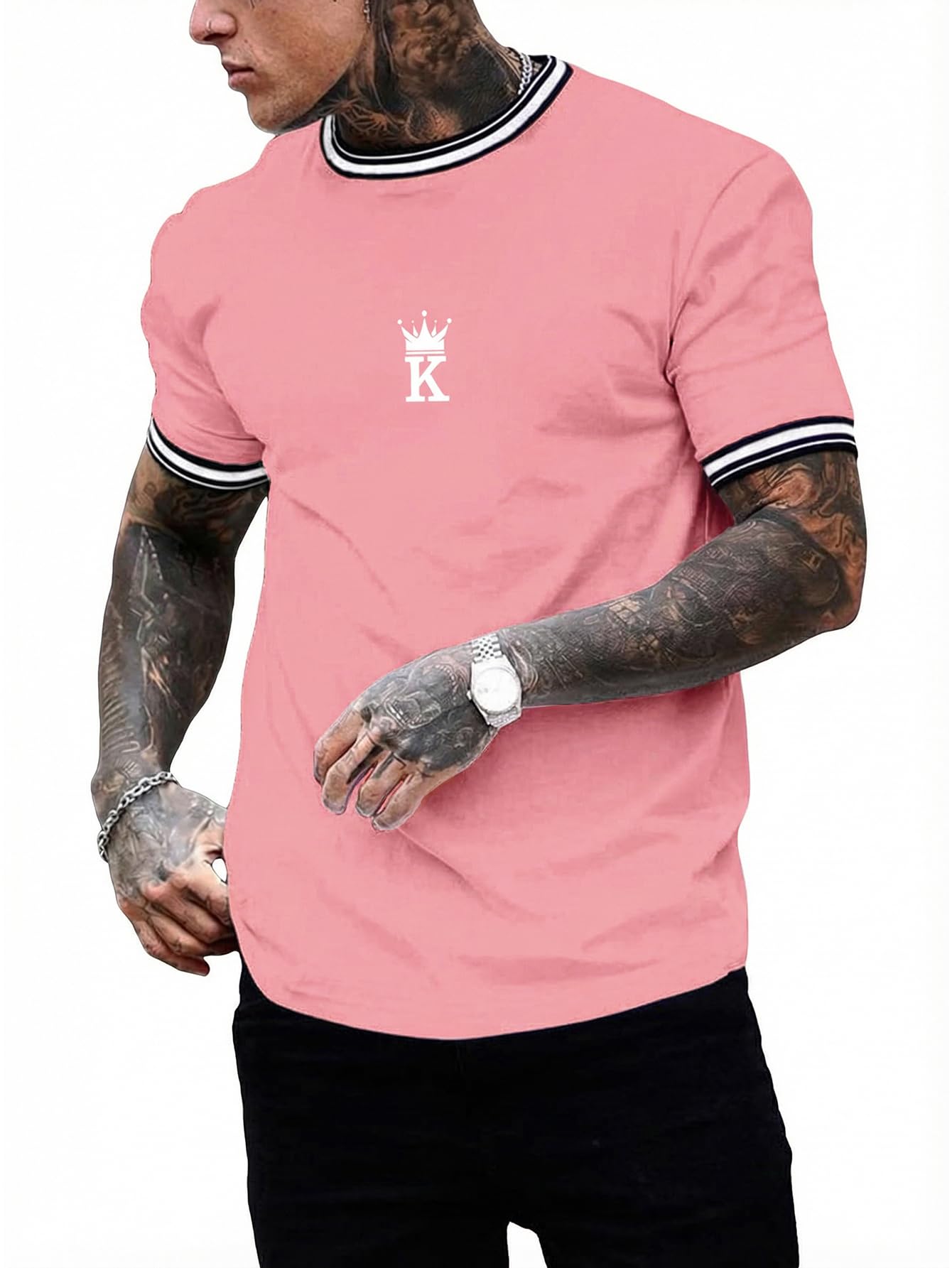 SOLY HUX Men's Crown Letter Print Striped Trim Tee Tops Short Sleeve Crew Neck Summer T Shirt