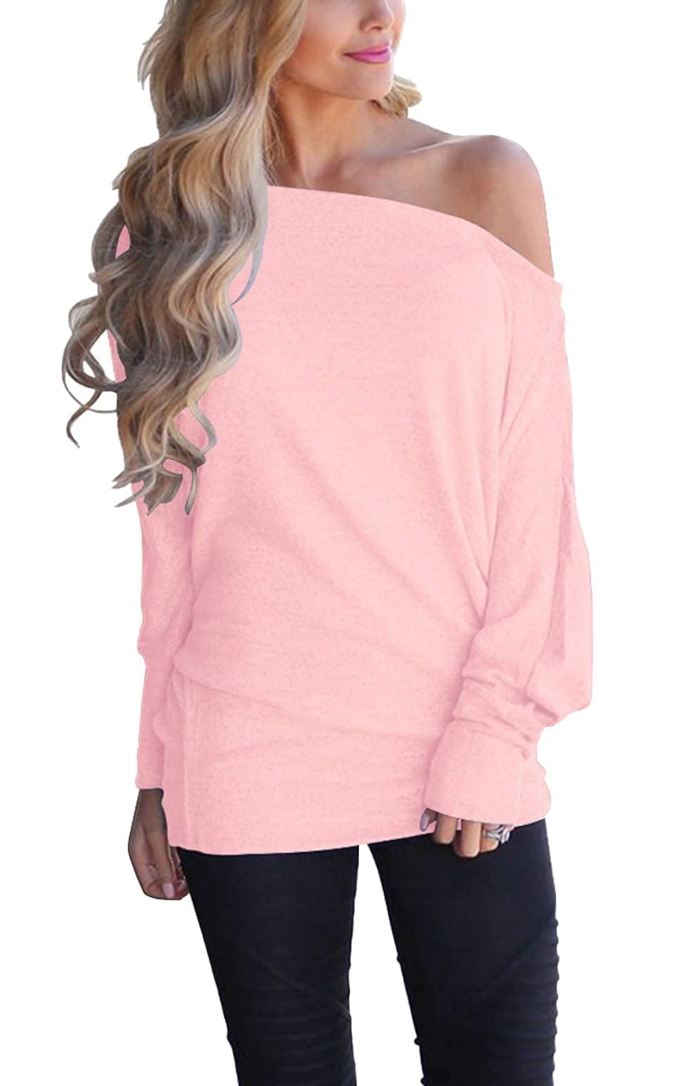 Lacozy Women's Off Shoulder Long Sleeve Oversized Pullover Sweater Knit Jumper Loose Tunic Tops