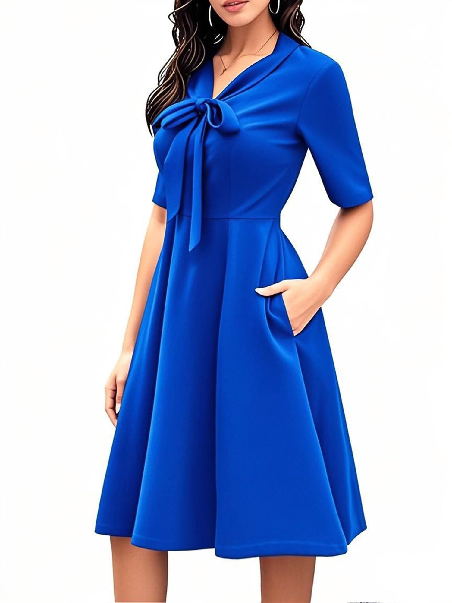 oxiuly Women's Vintage Bow Tie V-Neck Pockets Casual Work Party Cocktail Swing A-line Dresses OX278