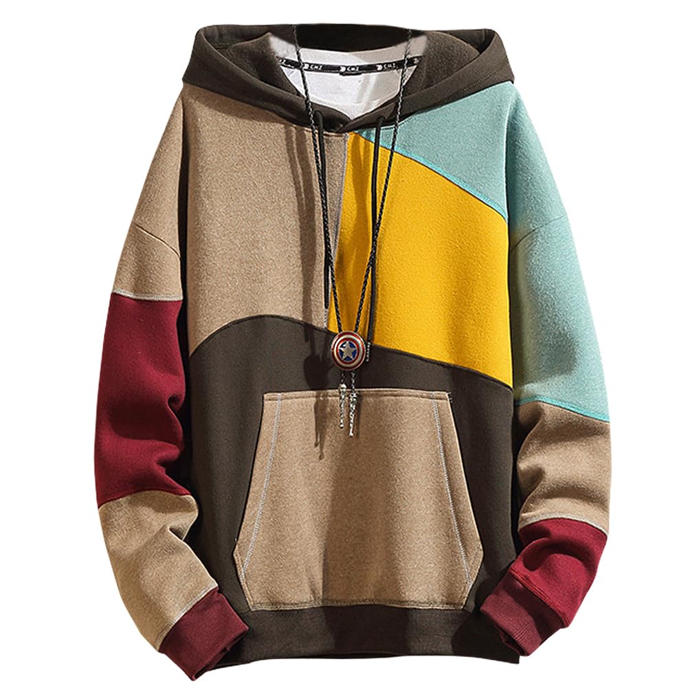 Covisoty Mens Casual Cotton Hoodies Contrast Color Pullover Mens Patchwork Hooded Sweatshirt Casual Long Sleeve