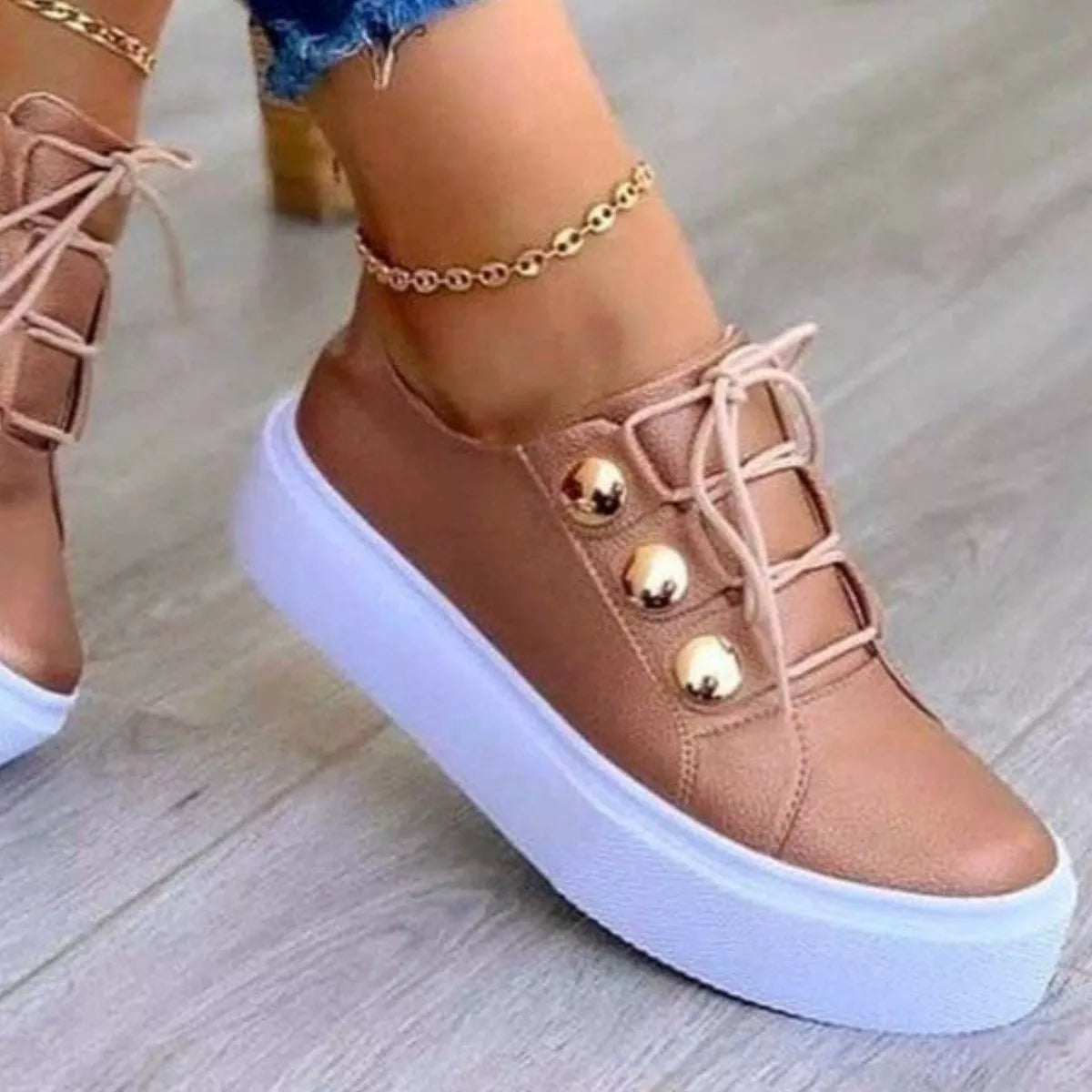 Women's Black Platform Sneakers with Gold Button Details