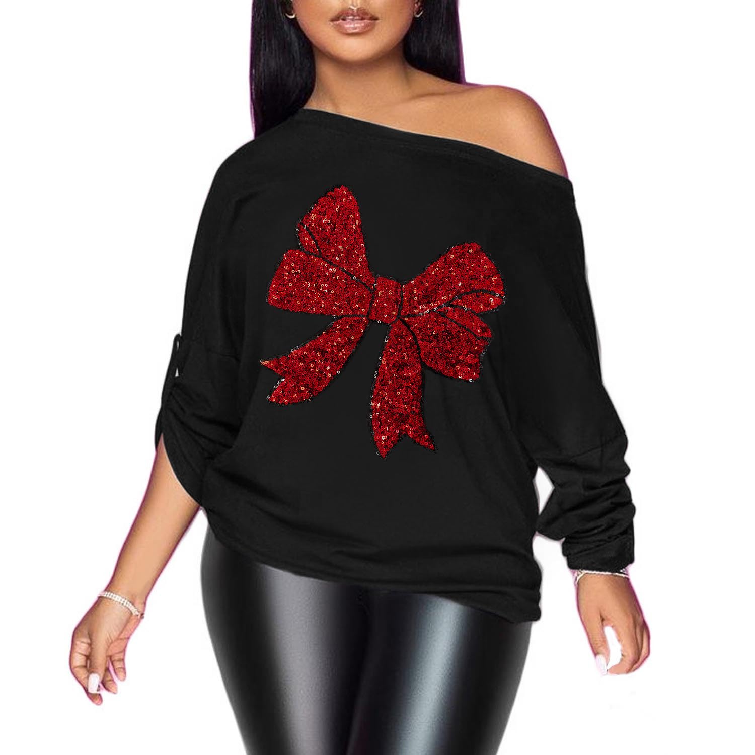 PESION Womens Off The Shoulder Tops Sexy Shiny Metallic Shirts Long Sleeves Fashion Graphic T-Shirts Blouses