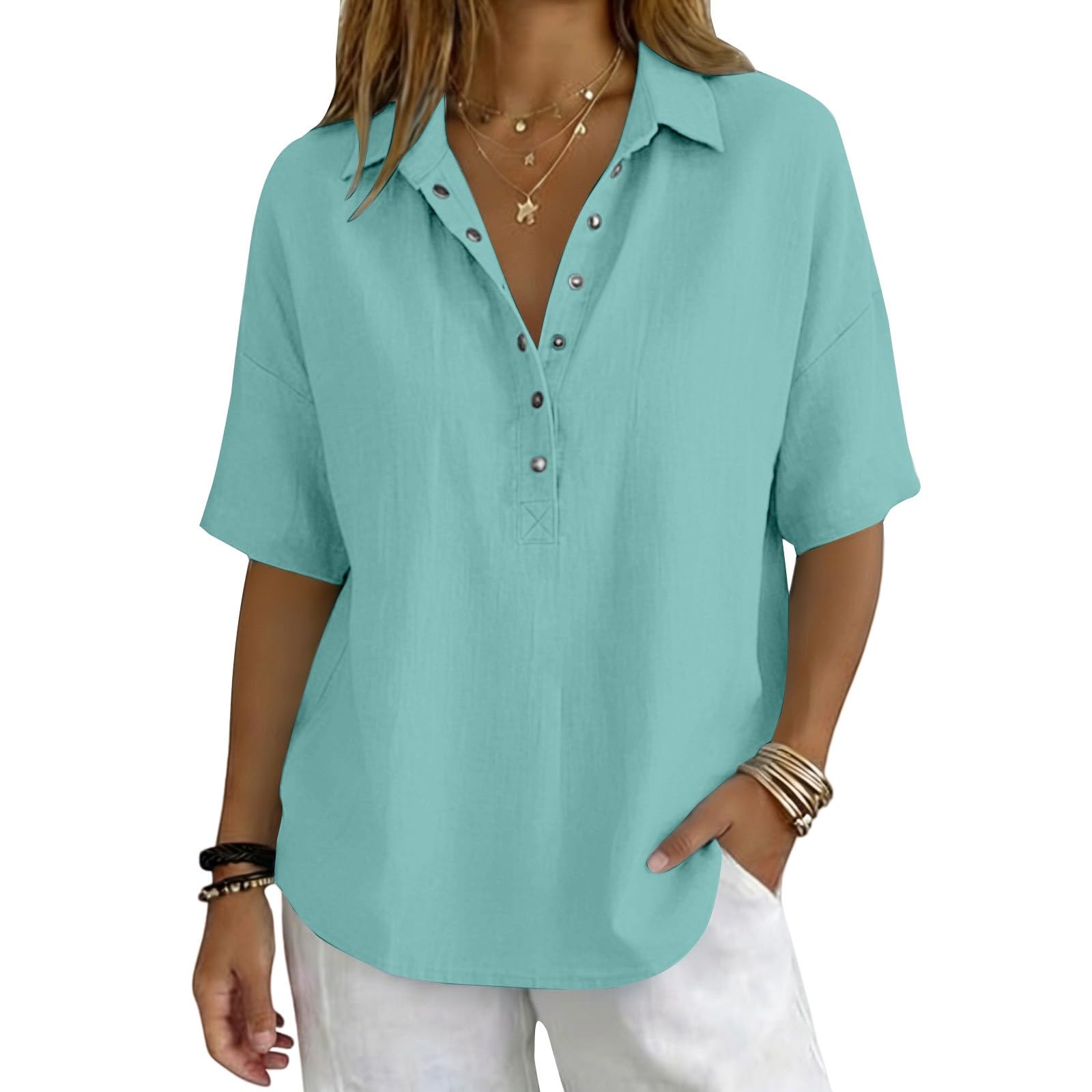 Linen Tops for Women Breathable Gauze Shirts Cotton Button Down Summer Elbow Length Blouses Dressy Casual Clothes