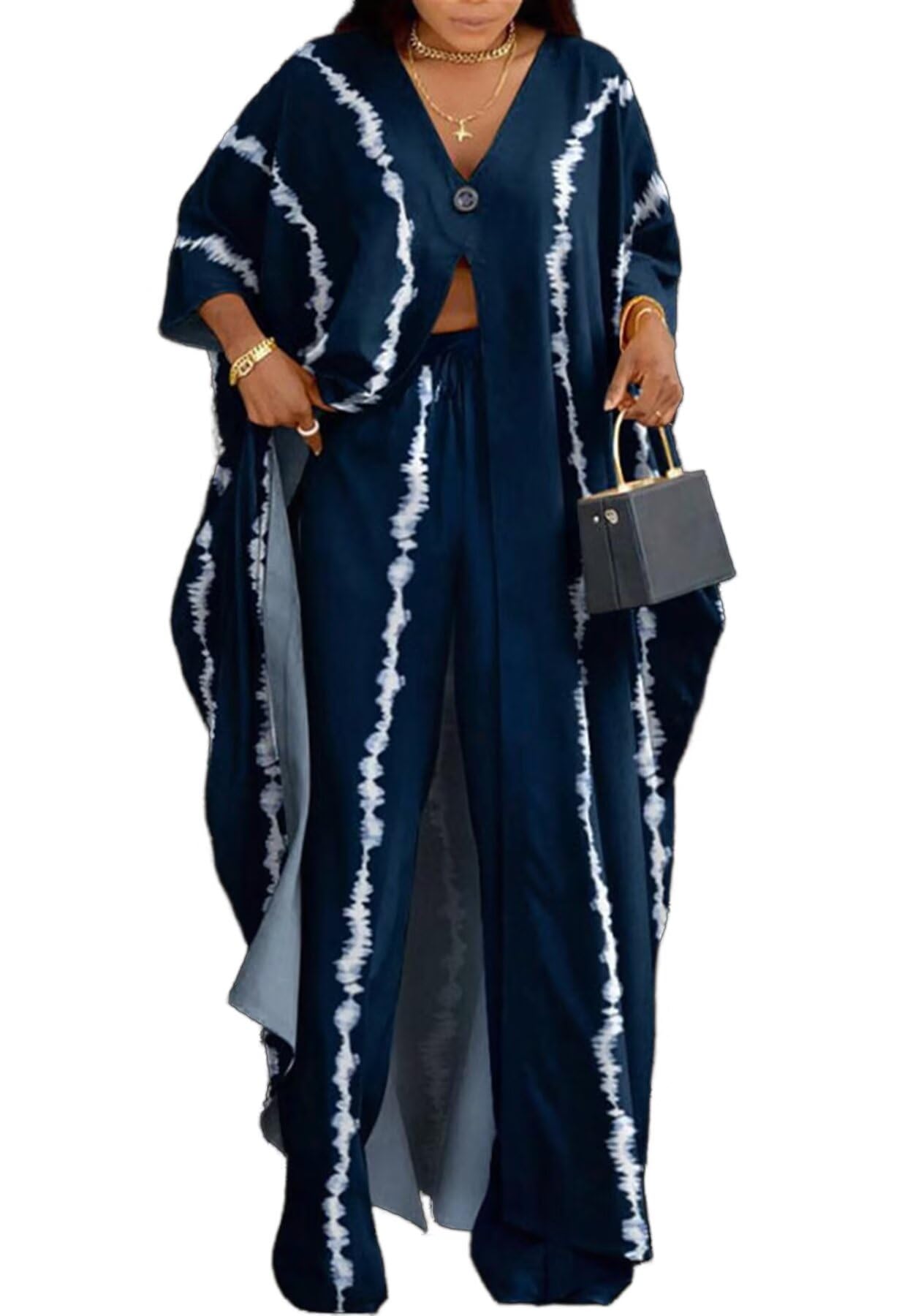 LROSEY Spring African 2 Piece Outfits Caftans for Women Floral V Neck Long Cardigan Cover Up Wide Leg Pants Sets Plus Size