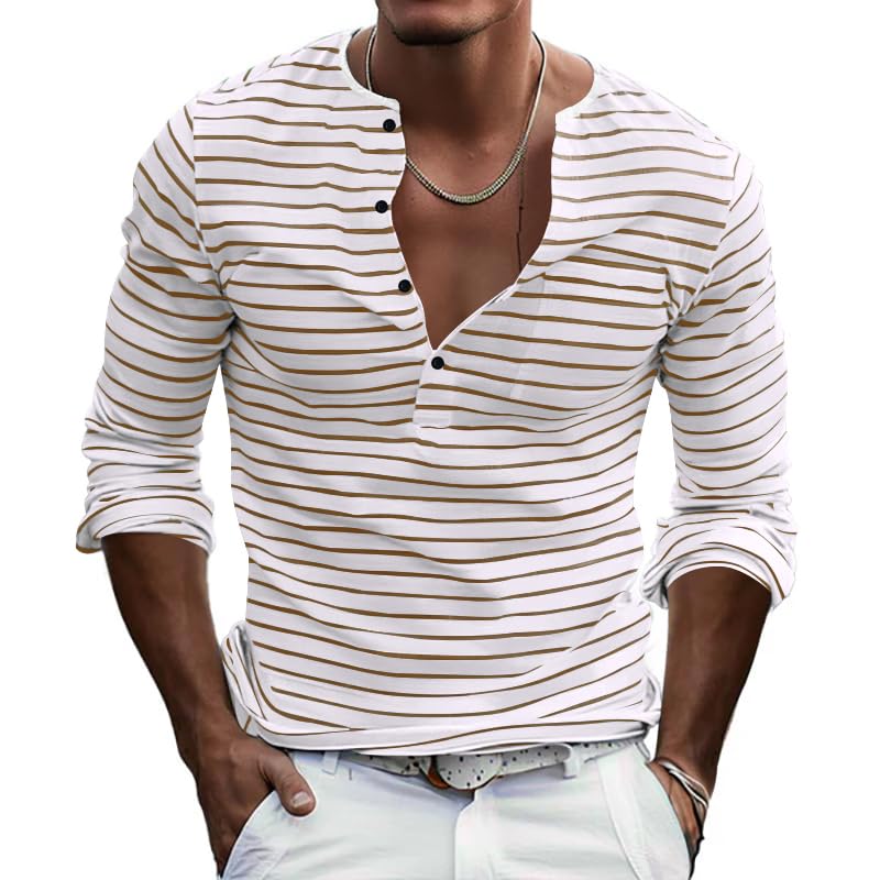 Men's Striped Button Down Shirt Long Sleeve Crewneck Shirts Casual Basic Pullover Fall Winter Tops for Men
