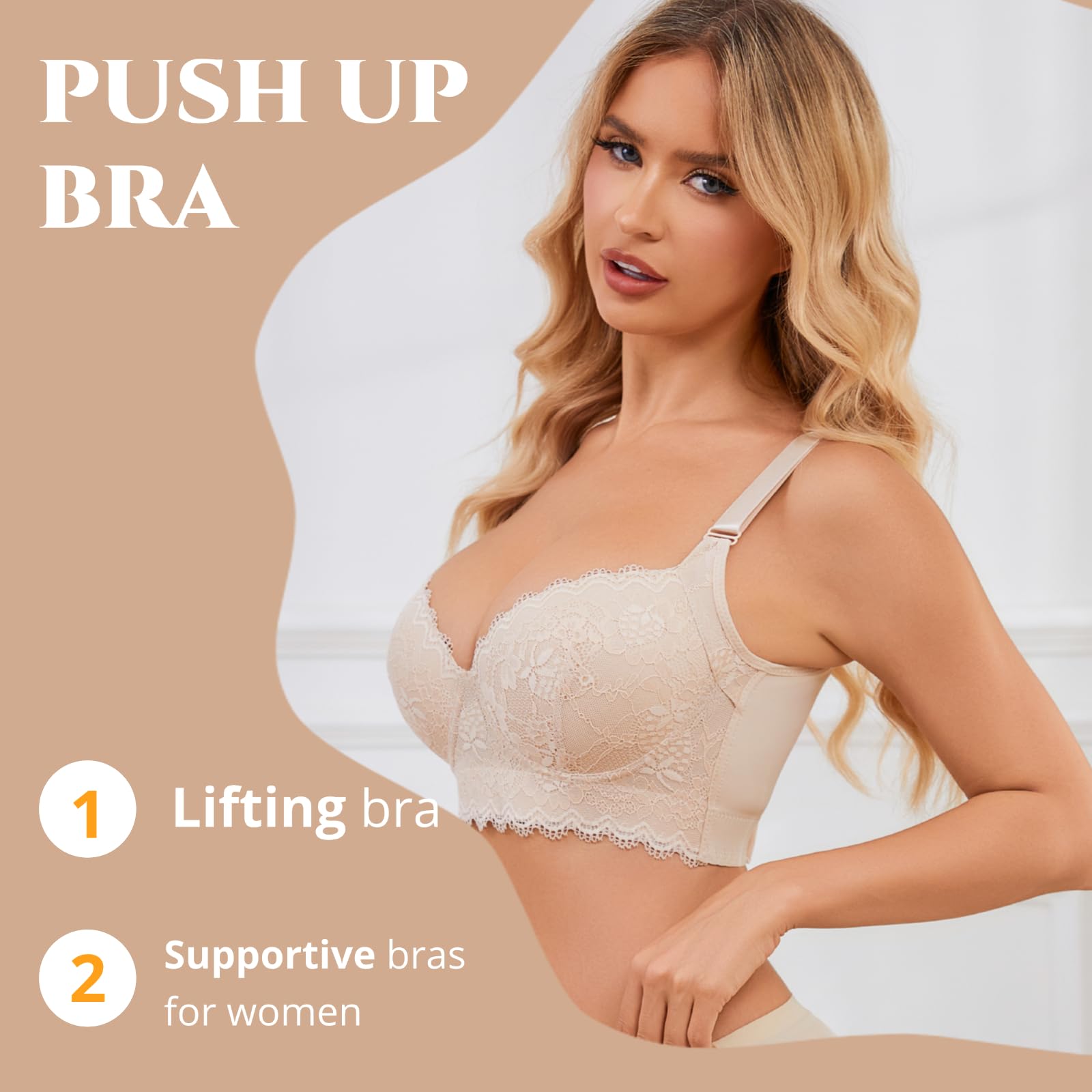 Push Up Bras for Women Lace Underwire Add One Cup Bra with Support Smoothing Bra(34B-46DD)