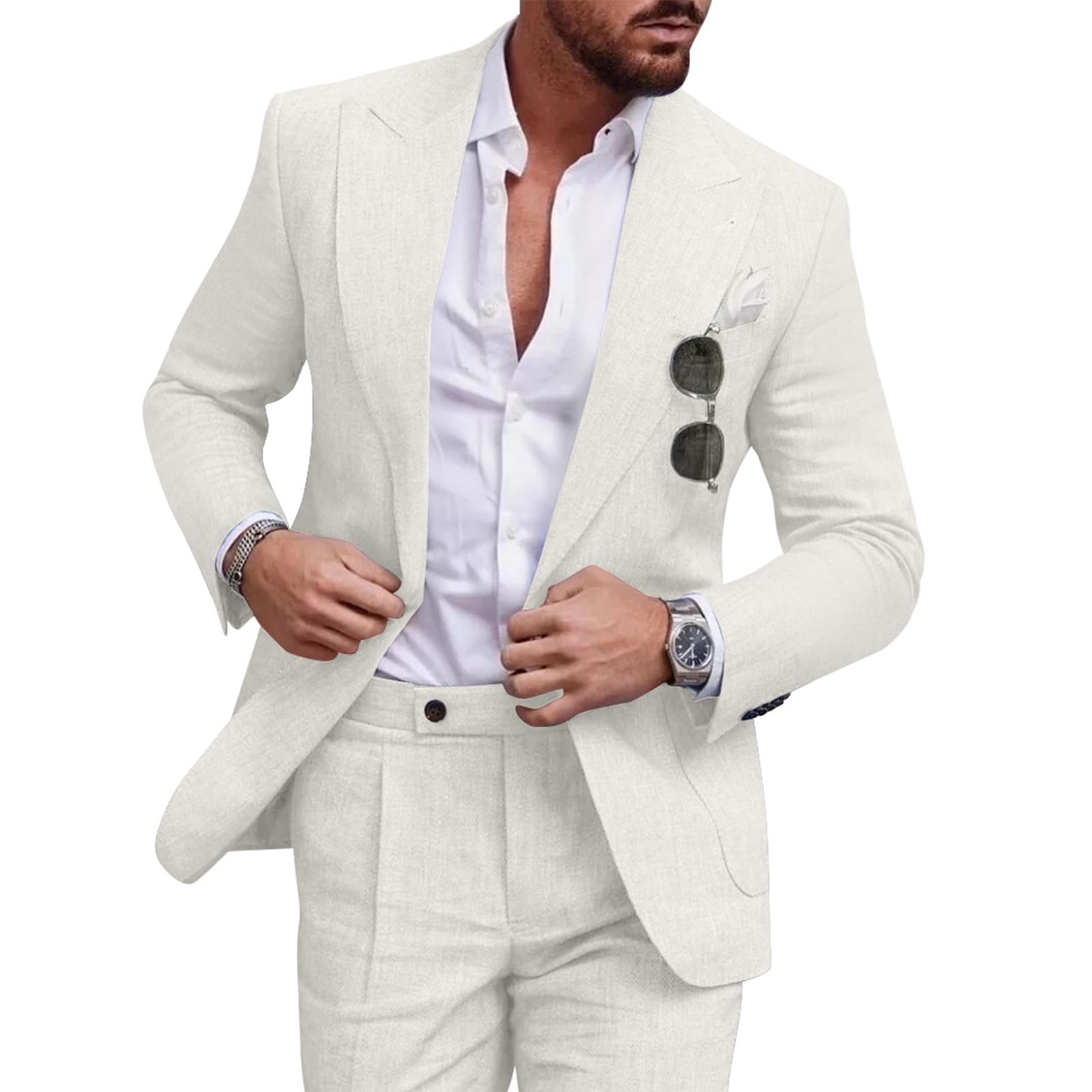 Diaryan Linen Men Suit Set Casual Tuxedo 2 Piece Regular Fit Blazer One Button Solid Jacket and Pants for Prom Wedding Party