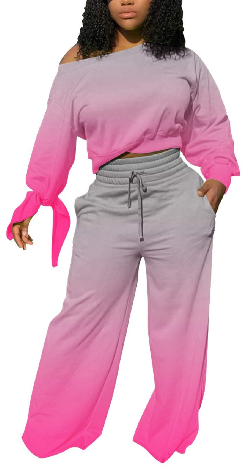 sexycherry Casual 2 Piece Outfits for Women Long Sleeve Sweatsuit Jogging Straight Long Pants Sets with Pockets