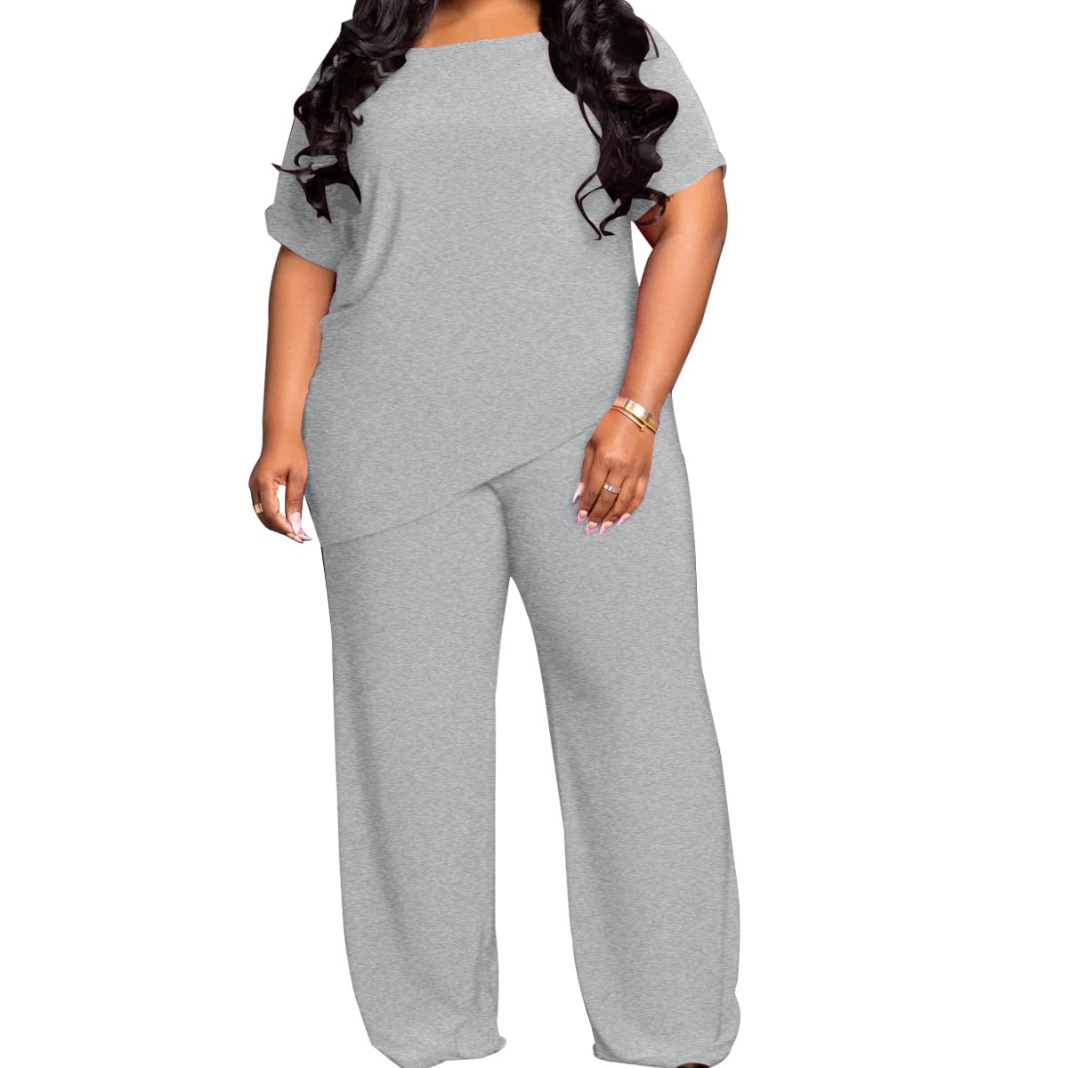 TOPSRANI Womens Plus Size Two Piece Outfits Sweatsuits Casual Tracksuit Short Sleeve Loose Baggy Wide Leg Long Pants Sets