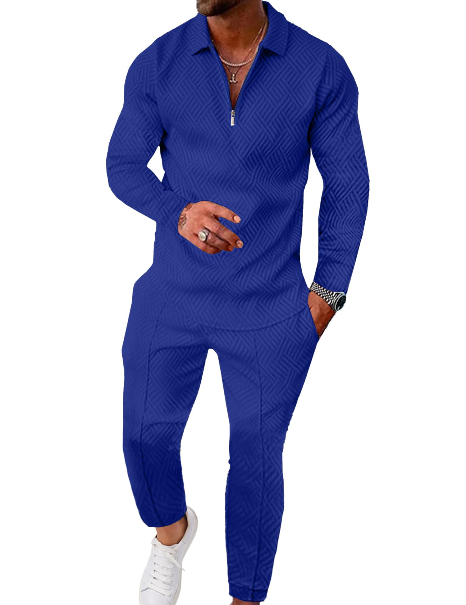 UOUA Mens 2 Piece Set Casual Outfits Polo Long Sleeve Shirt & Pants Tracksuit Loungewear Athletic Jogger Sweatsuit