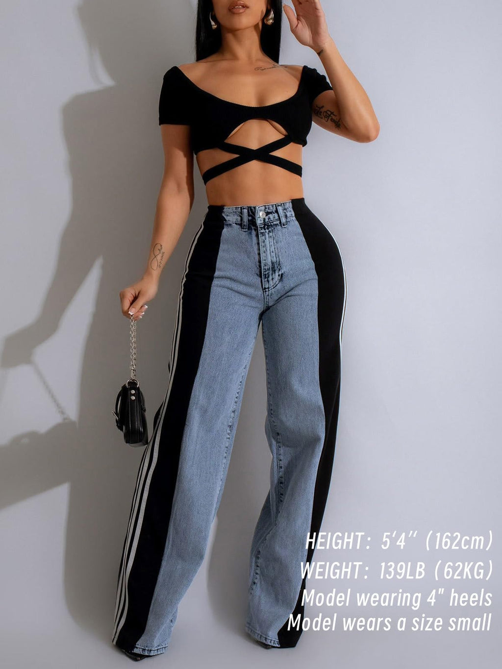 Angsuttc Womens Jeans with Patchwork Stripes High Waisted Stretchy Denim Color Block Straight Wide Leg Trendy Jean